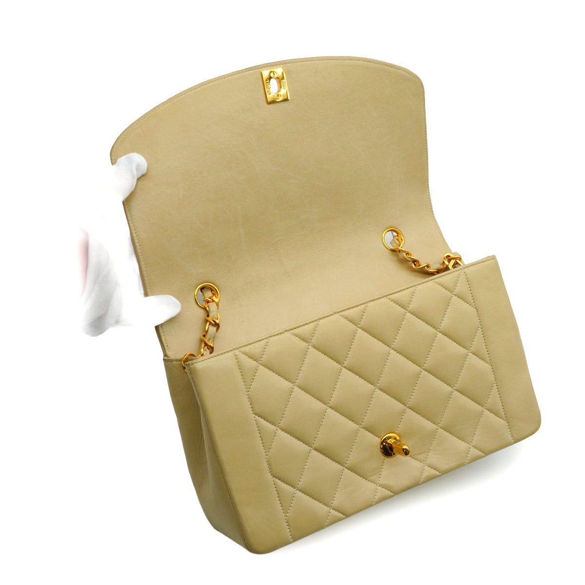 VINTAGE CHANEL DIANA MEDIUM CHAIN SHOULDER BAG BEIGE LAMB SKIN GOLD HARDWARE 90341864