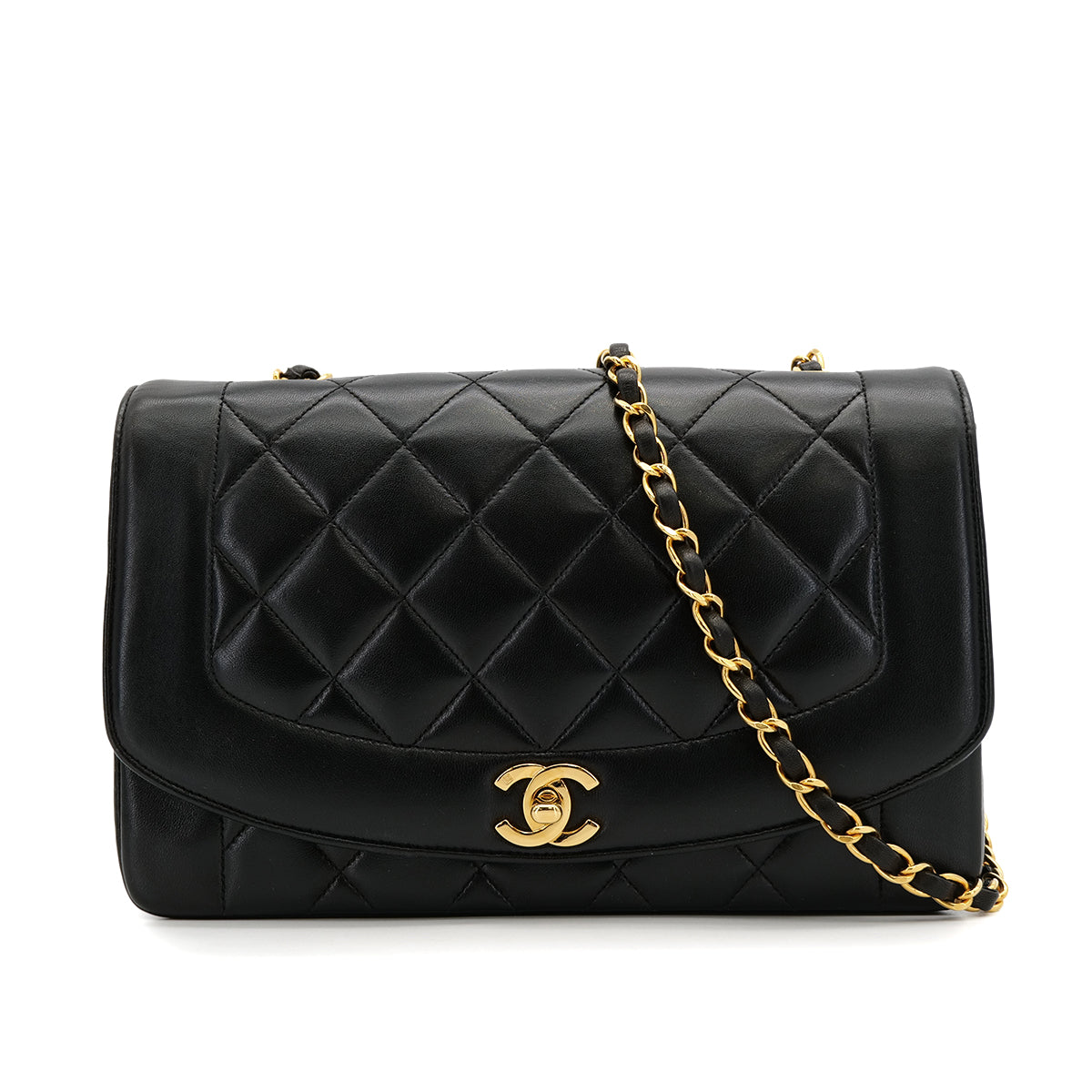 VINTAGE CHANEL DIANA MEDIUM CHAIN SHOULDER BAG BLACK LAMB SKIN GOLD HARDWARE 90317922