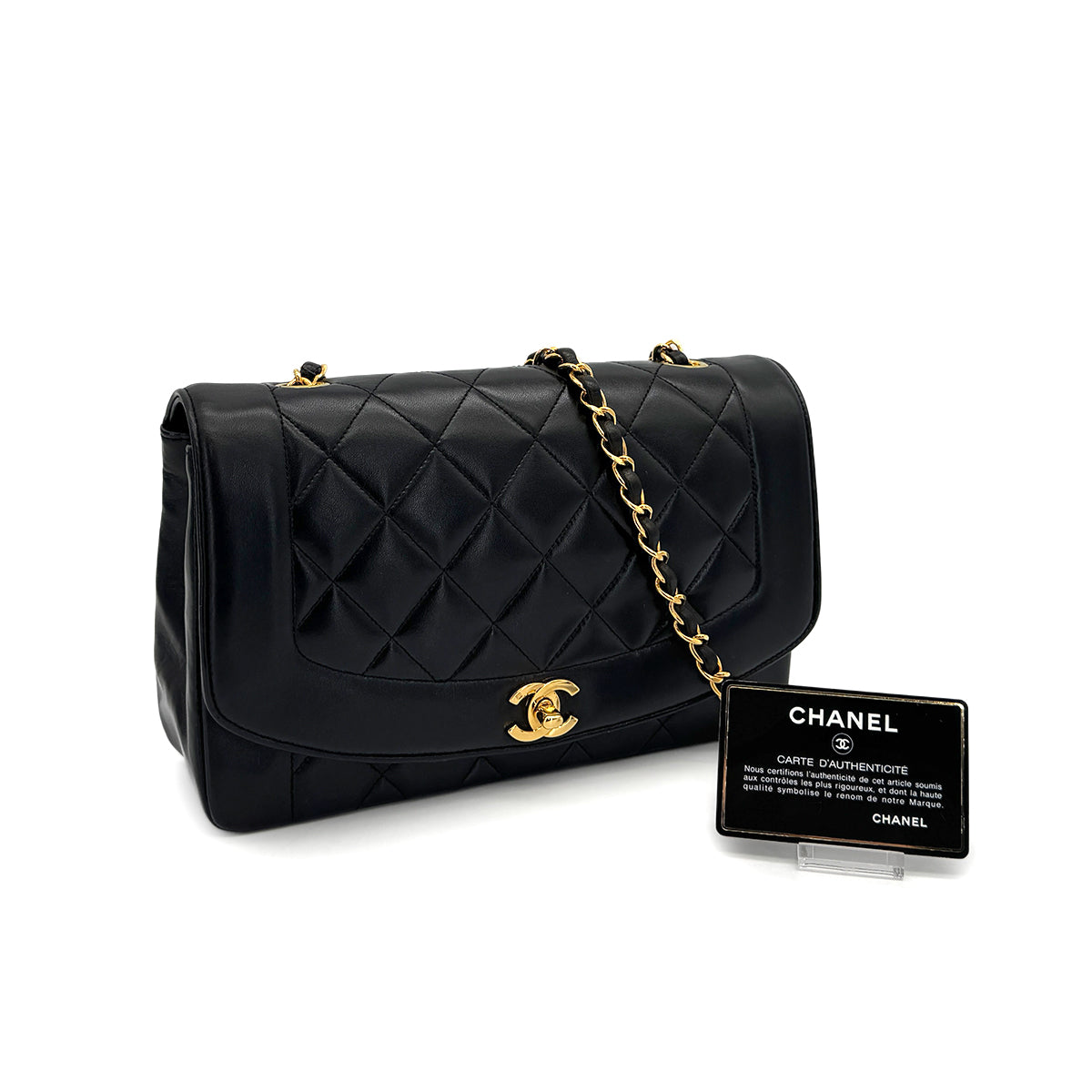 VINTAGE CHANEL DIANA MEDIUM CHAIN SHOULDER BAG BLACK LAMB SKIN GOLD HARDWARE 90317922