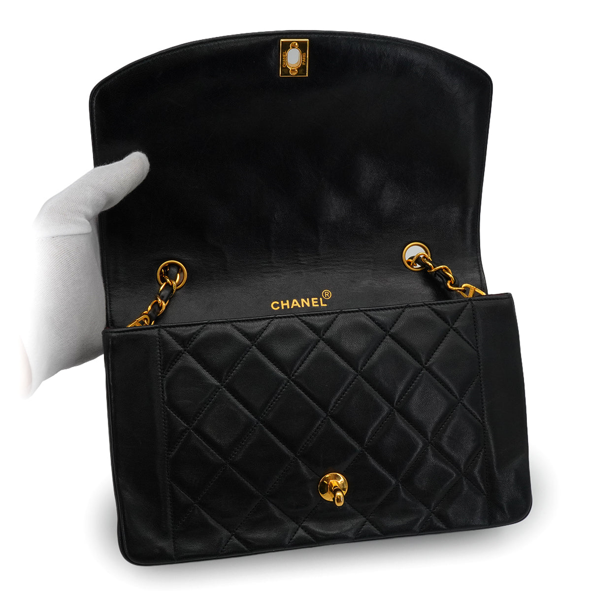 VINTAGE CHANEL DIANA MEDIUM CHAIN SHOULDER BAG BLACK LAMB SKIN GOLD HARDWARE 90338303