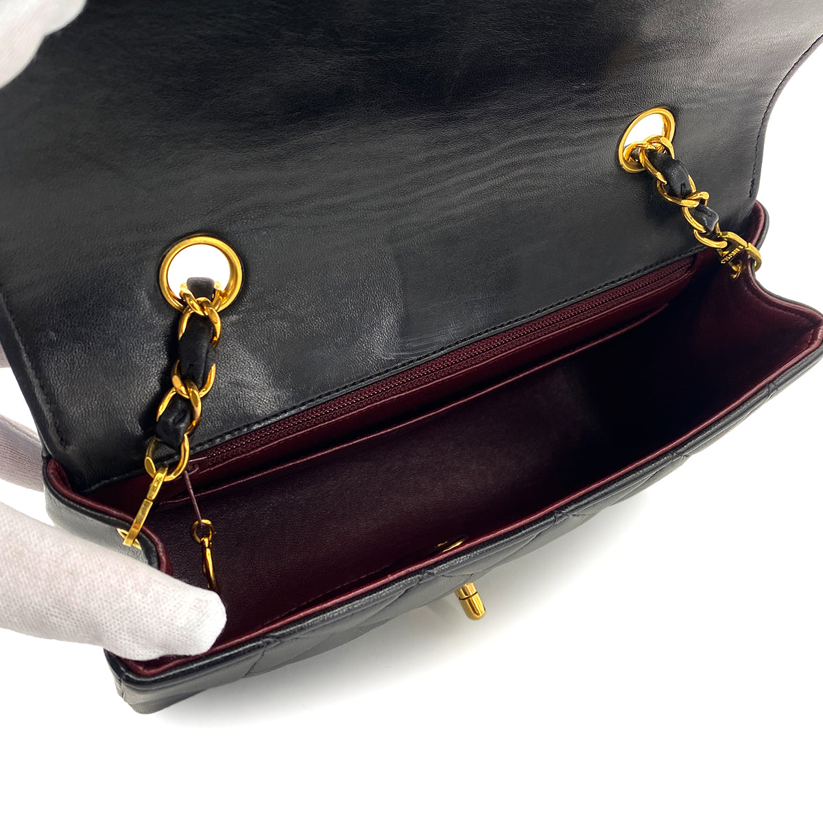VINTAGE CHANEL DIANA SMALL CHAIN SHOULDER BAG BLACK LAMB SKIN GOLD HARDWARE 90317726