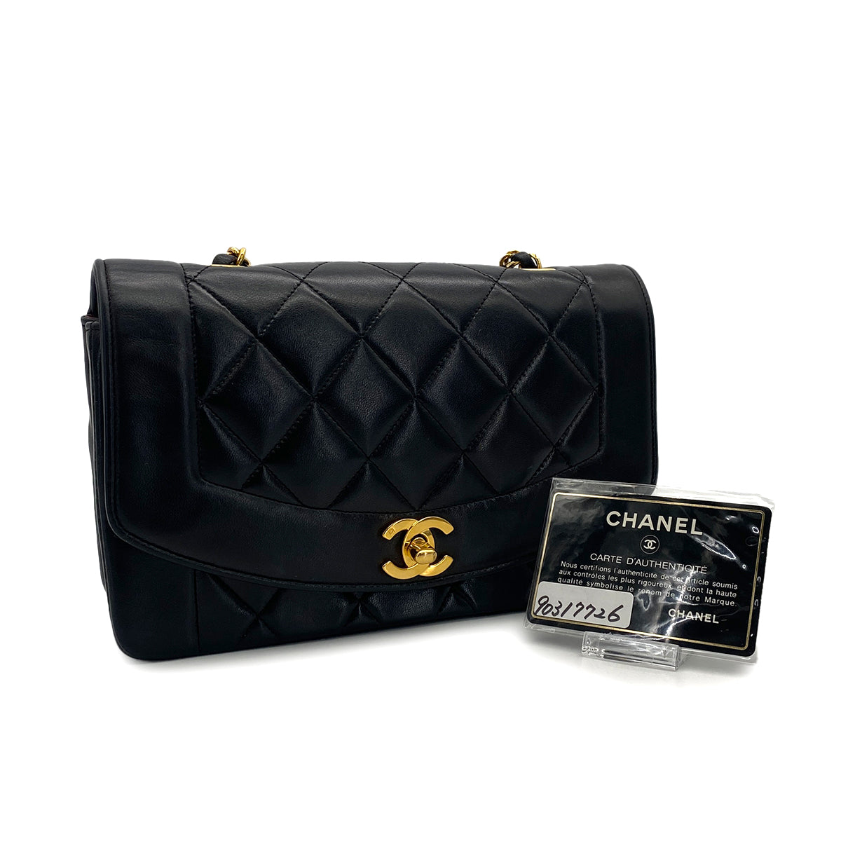 VINTAGE CHANEL DIANA SMALL CHAIN SHOULDER BAG BLACK LAMB SKIN GOLD HARDWARE 90317726