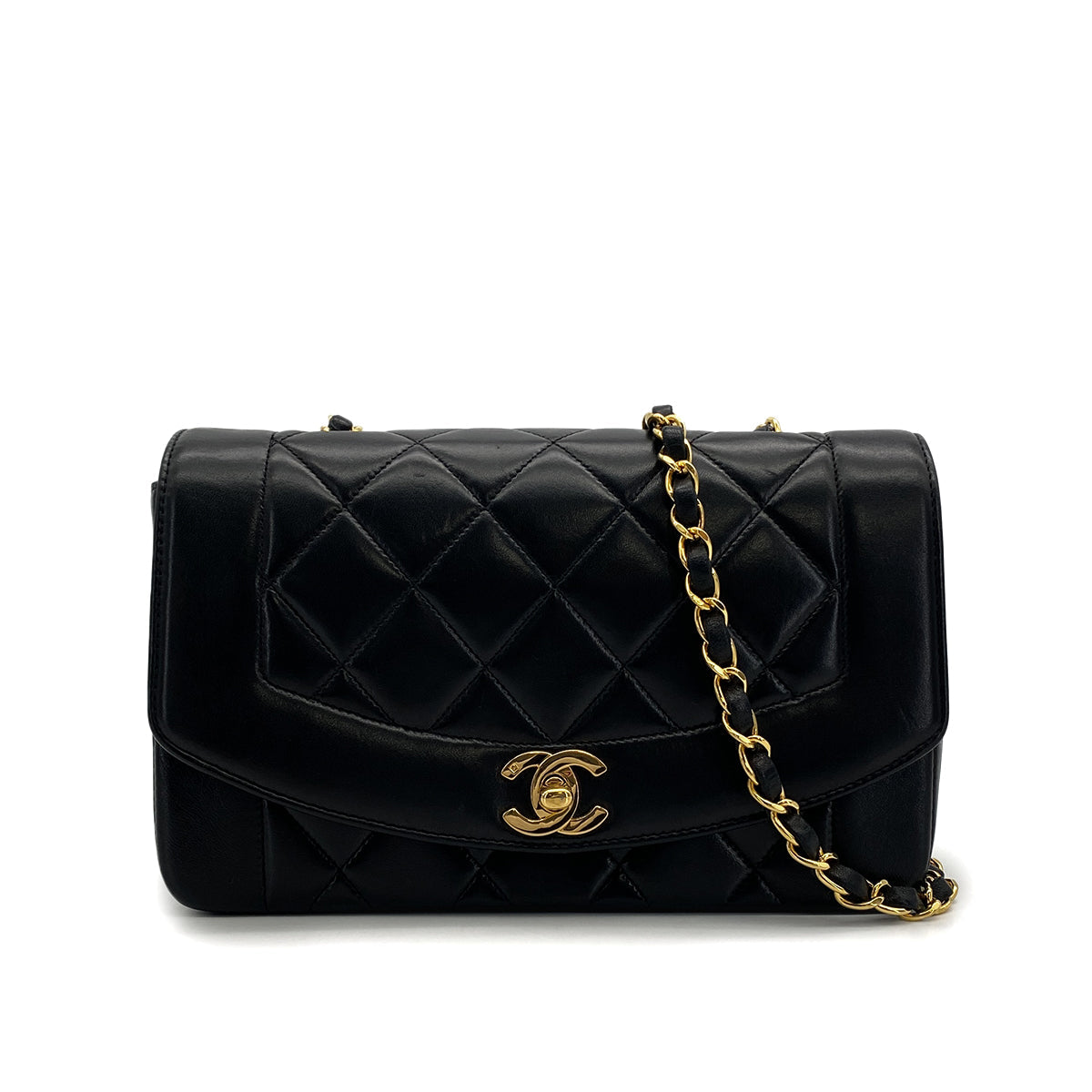 VINTAGE CHANEL DIANA SMALL CHAIN SHOULDER BAG BLACK LAMB SKIN GOLD HARDWARE 90317884