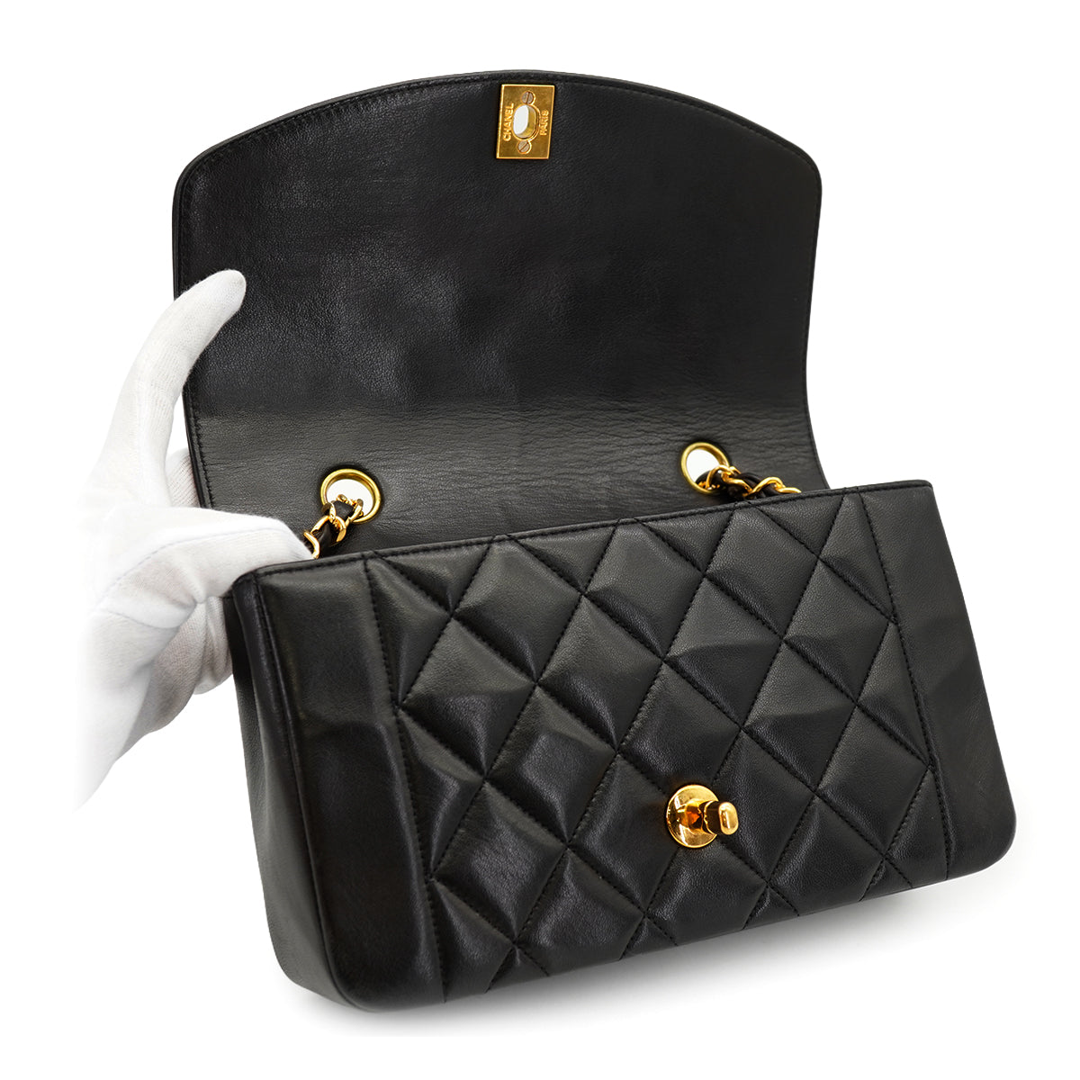 VINTAGE CHANEL DIANA SMALL CHAIN SHOULDER BAG BLACK LAMB SKIN GOLD HARDWARE 90332912