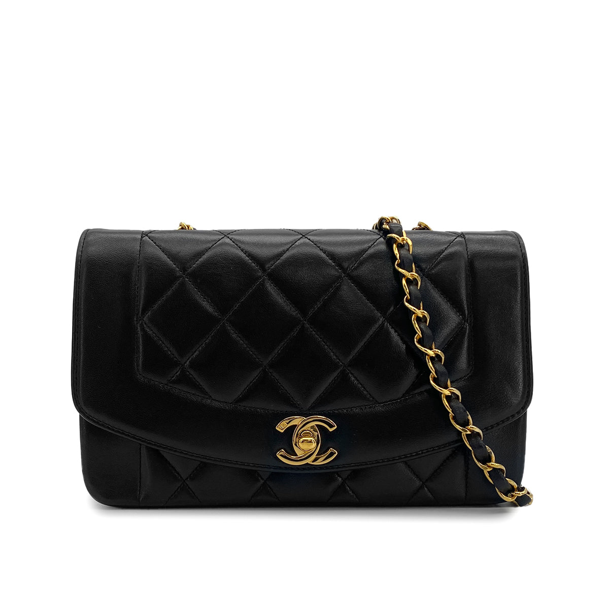 VINTAGE CHANEL DIANA SMALL CHAIN SHOULDER BAG BLACK LAMB SKIN GOLD HARDWARE 90317875