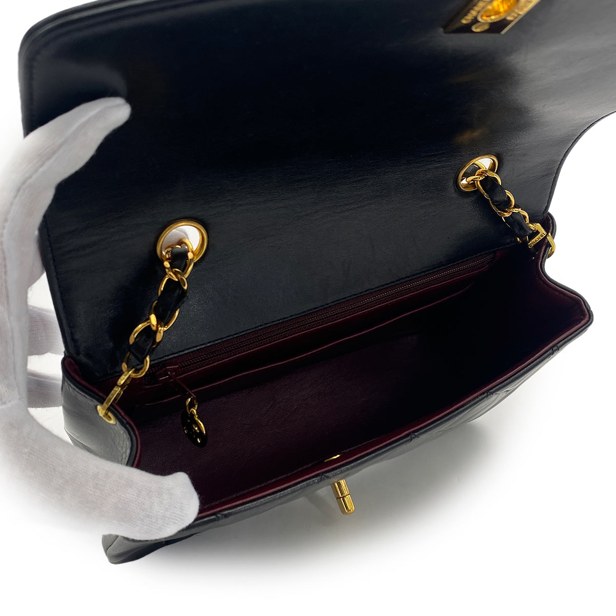 VINTAGE CHANEL DIANA SMALL CHAIN SHOULDER BAG BLACK LAMB SKIN GOLD HARDWARE 90317875