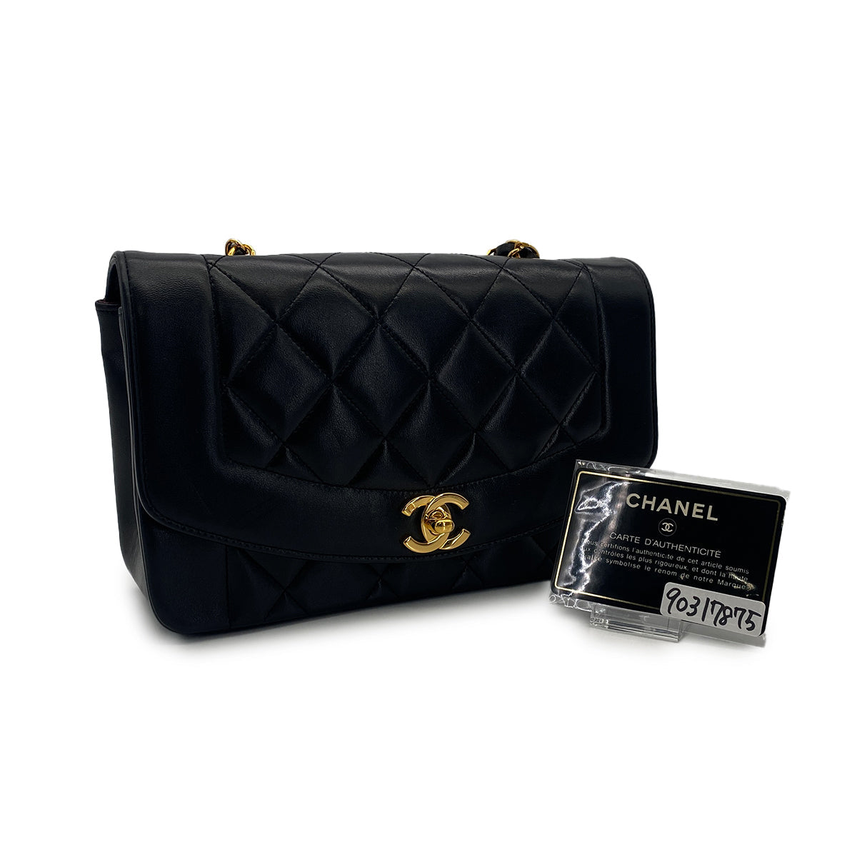 VINTAGE CHANEL DIANA SMALL CHAIN SHOULDER BAG BLACK LAMB SKIN GOLD HARDWARE 90317875