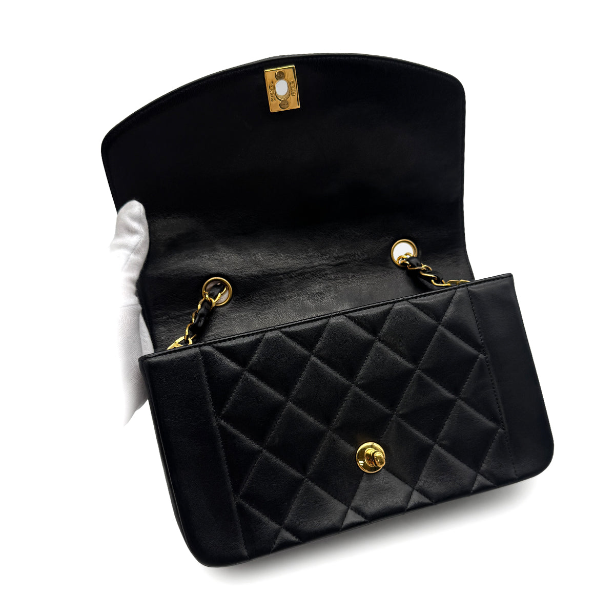 VINTAGE CHANEL DIANA SMALL CHAIN SHOULDER BAG BLACK LAMB SKIN GOLD HARDWARE 90323458