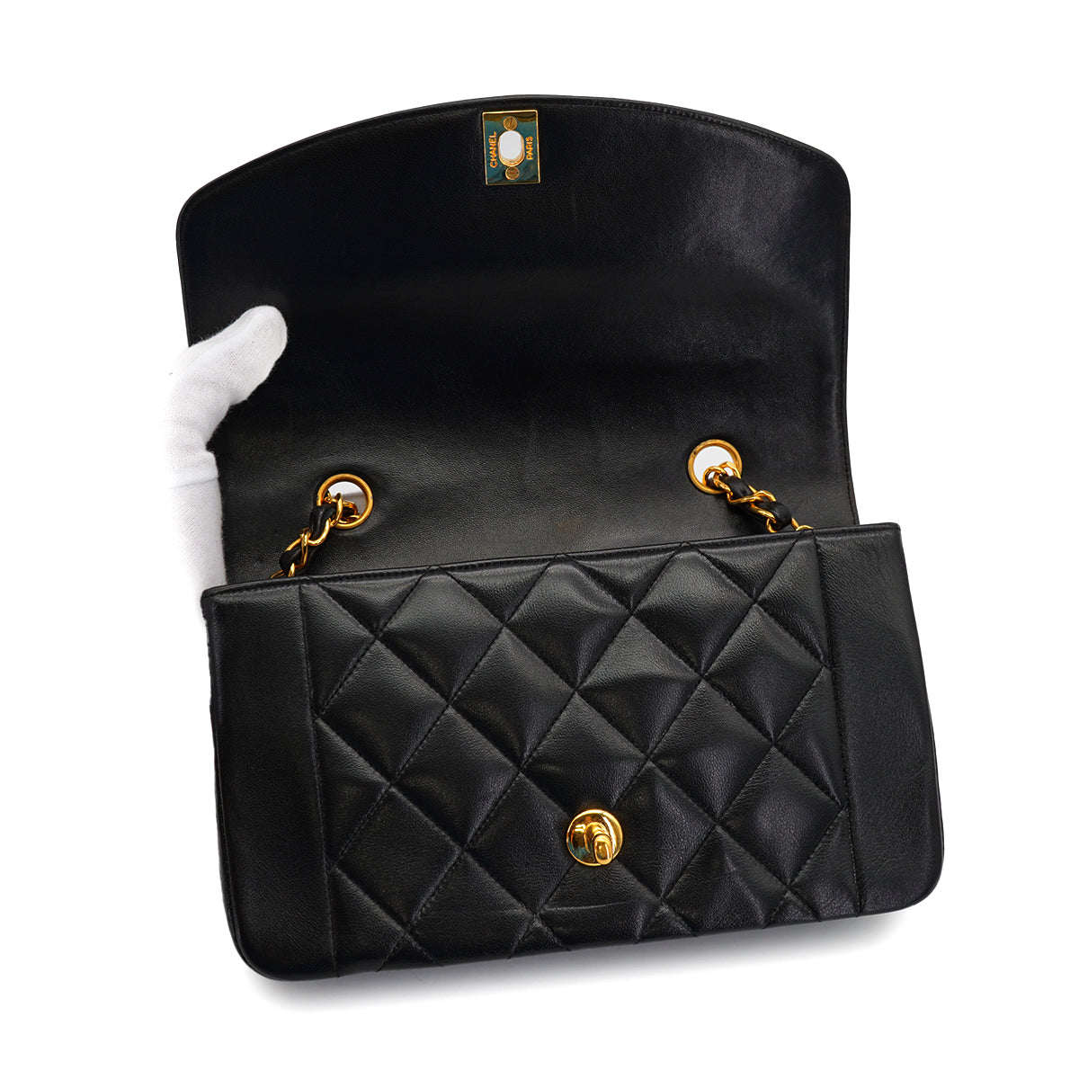 VINTAGE CHANEL DIANA SMALL CHAIN SHOULDER BAG BLACK LAMB SKIN GOLD HARDWARE 90327064