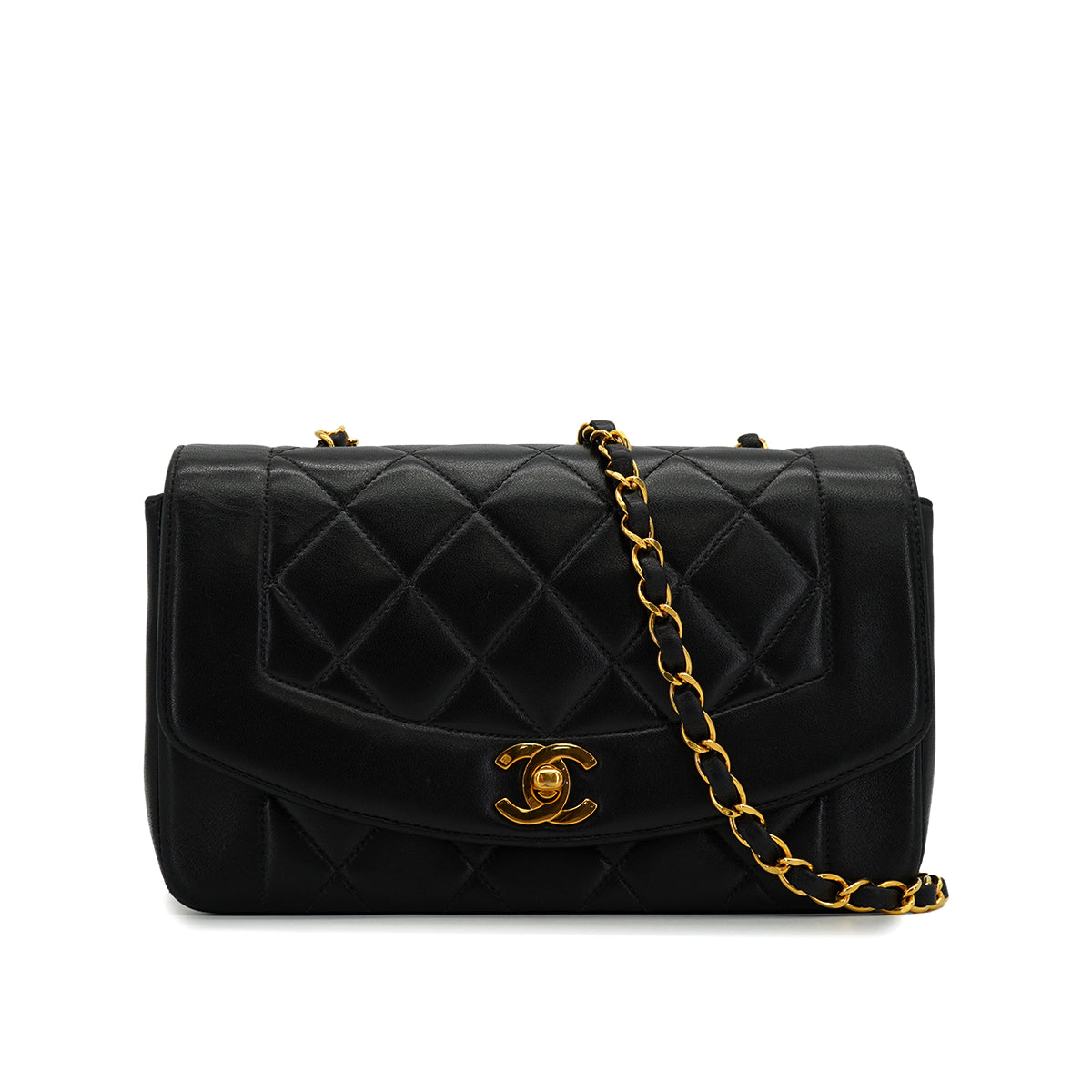 VINTAGE CHANEL DIANA SMALL CHAIN SHOULDER BAG BLACK LAMB SKIN GOLD HARDWARE 90327385