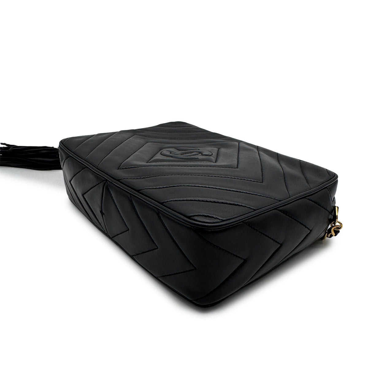 VINTAGE CHANEL DIA STITCH CHAIN SHOULDER BAG BLACK LAMB SKIN FRINGE GOLD HARDWARE 90318523
