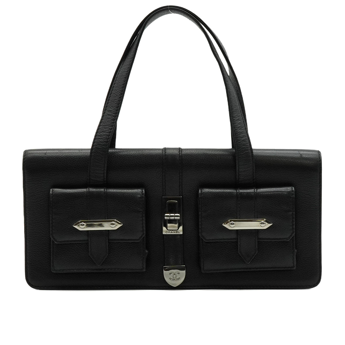 VINTAGE CHANEL DOUBLE POCKET HAND BAG BLACK CAVIAR SKIN SILVER HARDWARE 90346873