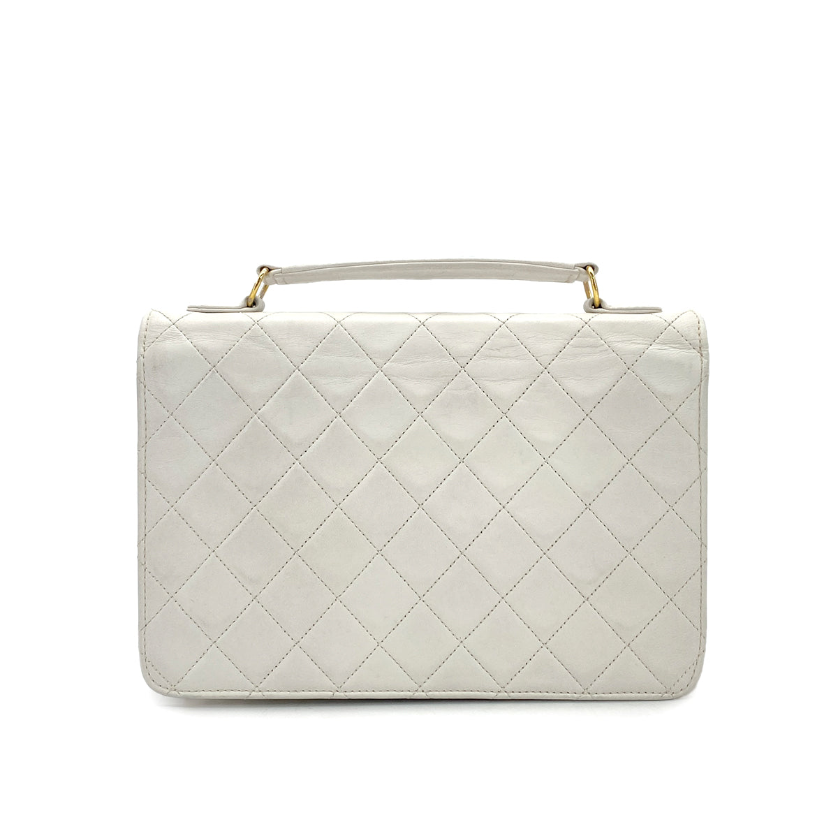 VINTAGE CHANEL DOUBLE TURN LOCK MATELASSE CHAIN SHOULDER HAND BAG WHITE LAMB SKIN GOLD HARDWARE 90325945