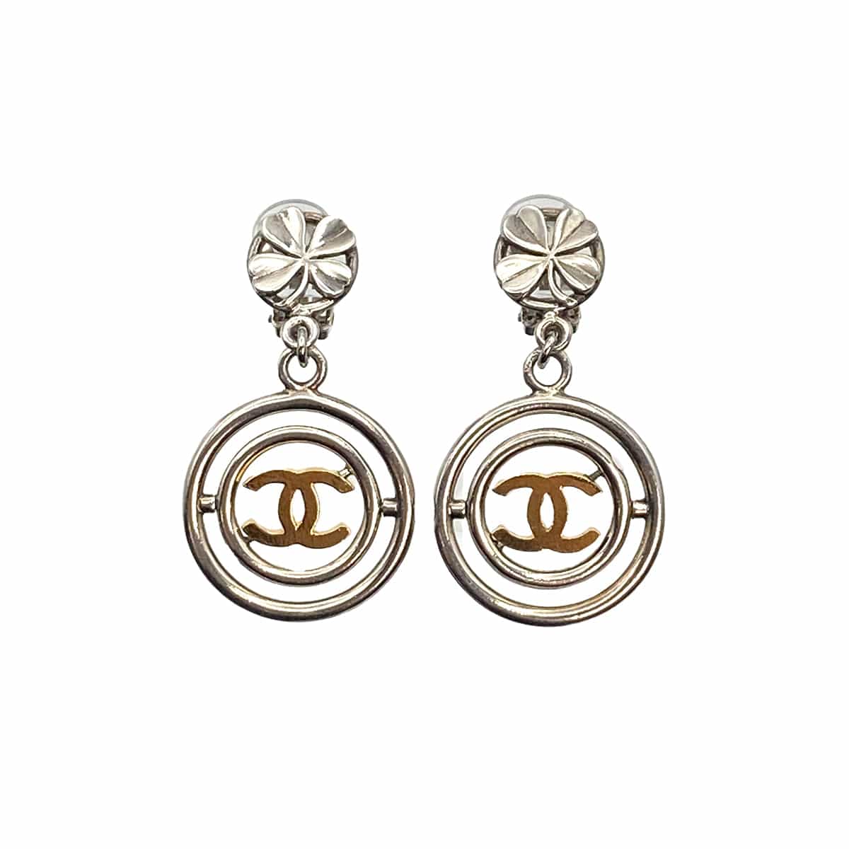 VINTAGE CHANEL EARRINGS COCOMARK CLOVER GOLD SILVER ACCESSORY 96P 90321167
