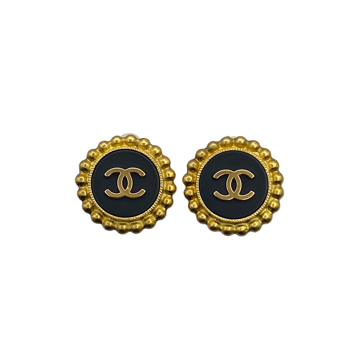 VINTAGE CHANEL EARRINGS COCOMARK ROUND BLACK GOLD ACCESSORY 95P 90326871