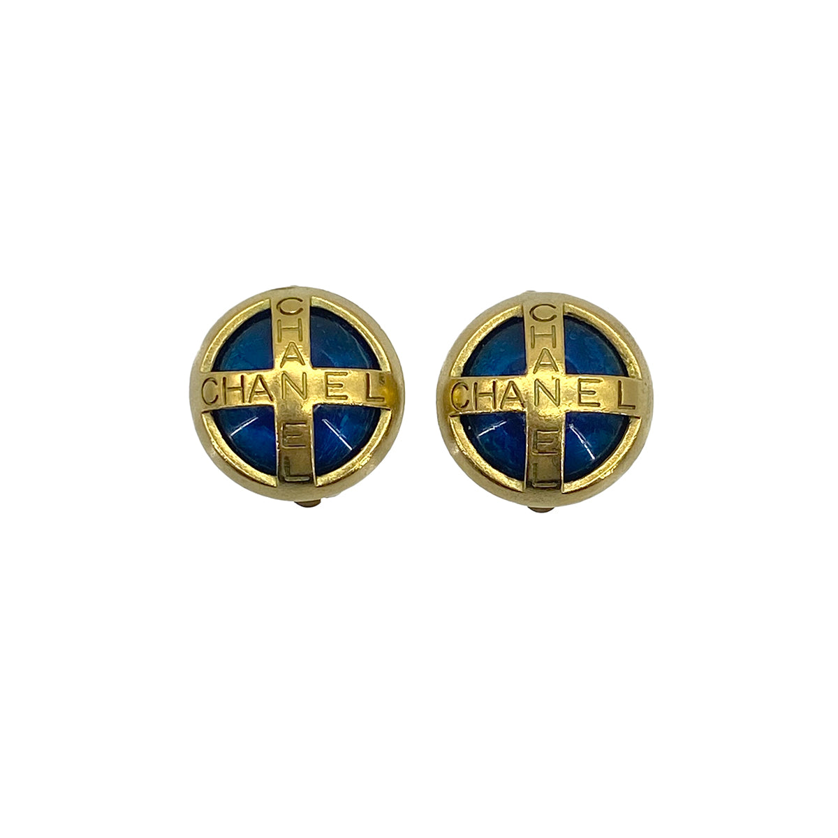 VINTAGE CHANEL EARRINGS COLOR STONE LOGO BLUE GOLD ACCESSORY 94A 90319607