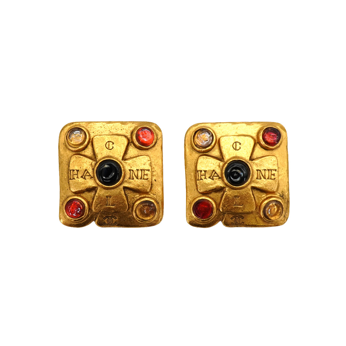 VINTAGE CHANEL EARRINGS GRIPOIX COCOMARK LOGO COLOR STONE SQUARE GOLD ACCESSORY 99A 90339133
