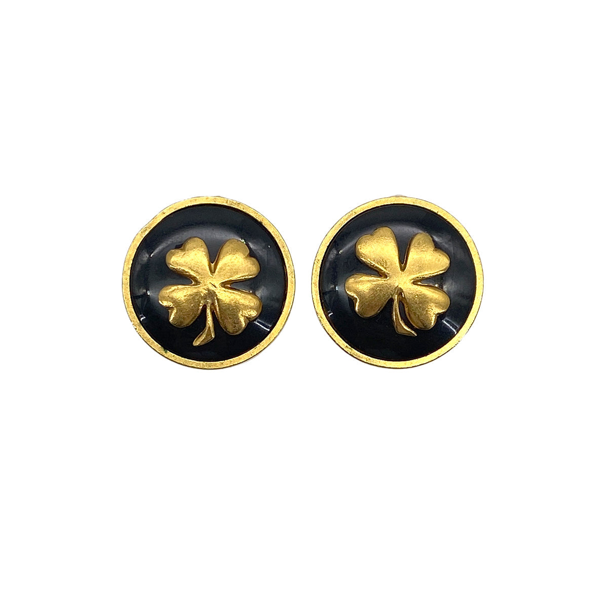 VINTAGE CHANEL EARRINGS ROUND CLOVER BLACK GOLD ACCESSORY 93A 90319608