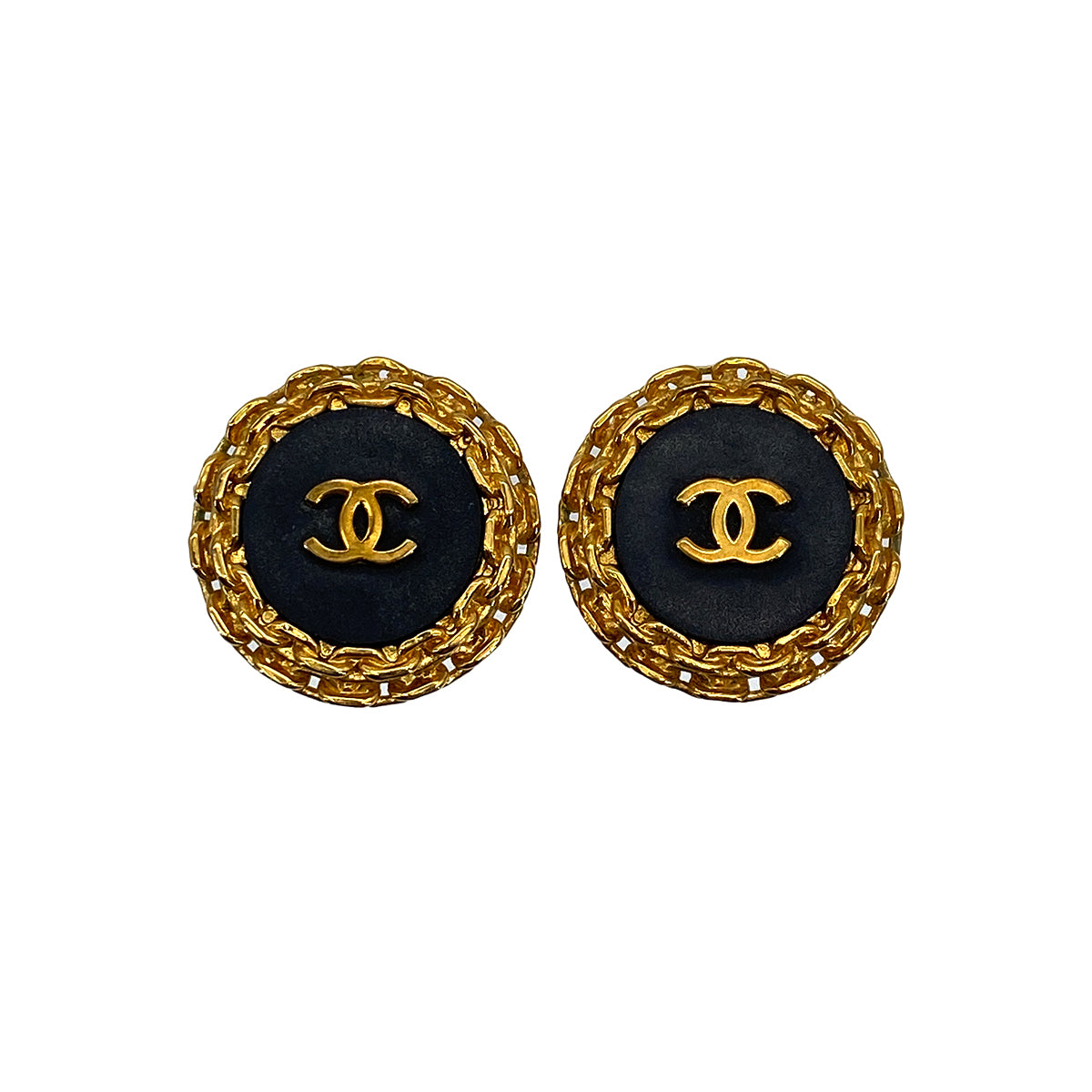 VINTAGE CHANEL EARRINGS ROUND COCOMARK BLACK GOLD ACCESSORY 27 90319602
