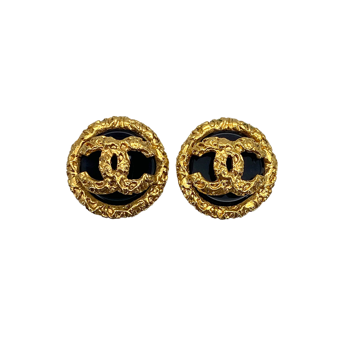 VINTAGE CHANEL EARRINGS ROUND COCOMARK BLACK GOLD ACCESSORY 93P 90319598