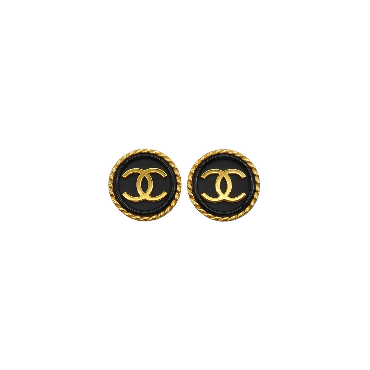 VINTAGE CHANEL EARRINGS ROUND COCOMARK GOLD BLACK ACCESSORY 96P 90337706