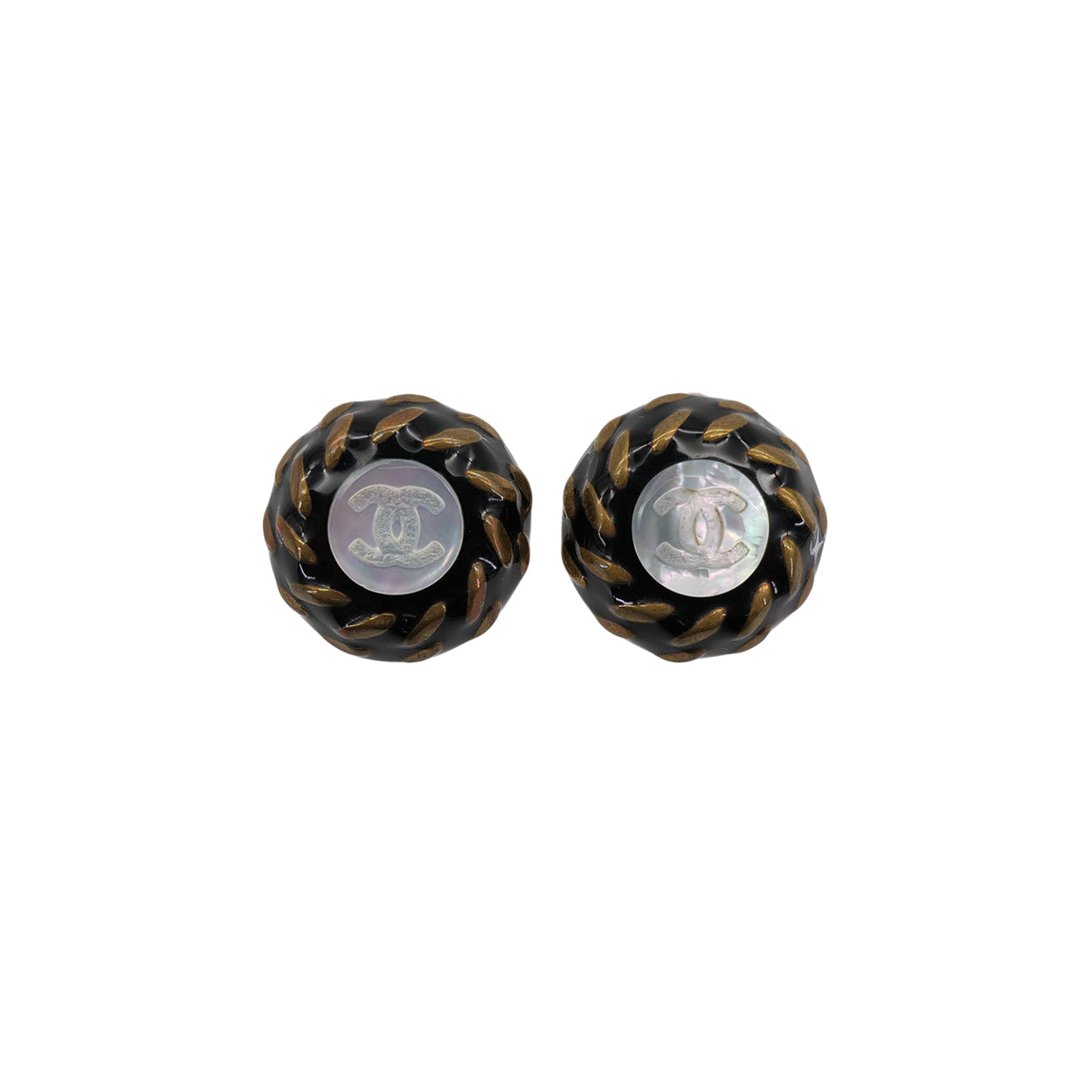 VINTAGE CHANEL EARRINGS ROUND COCOMARK GOLD BLACK ACCESSORY 97A 90322929