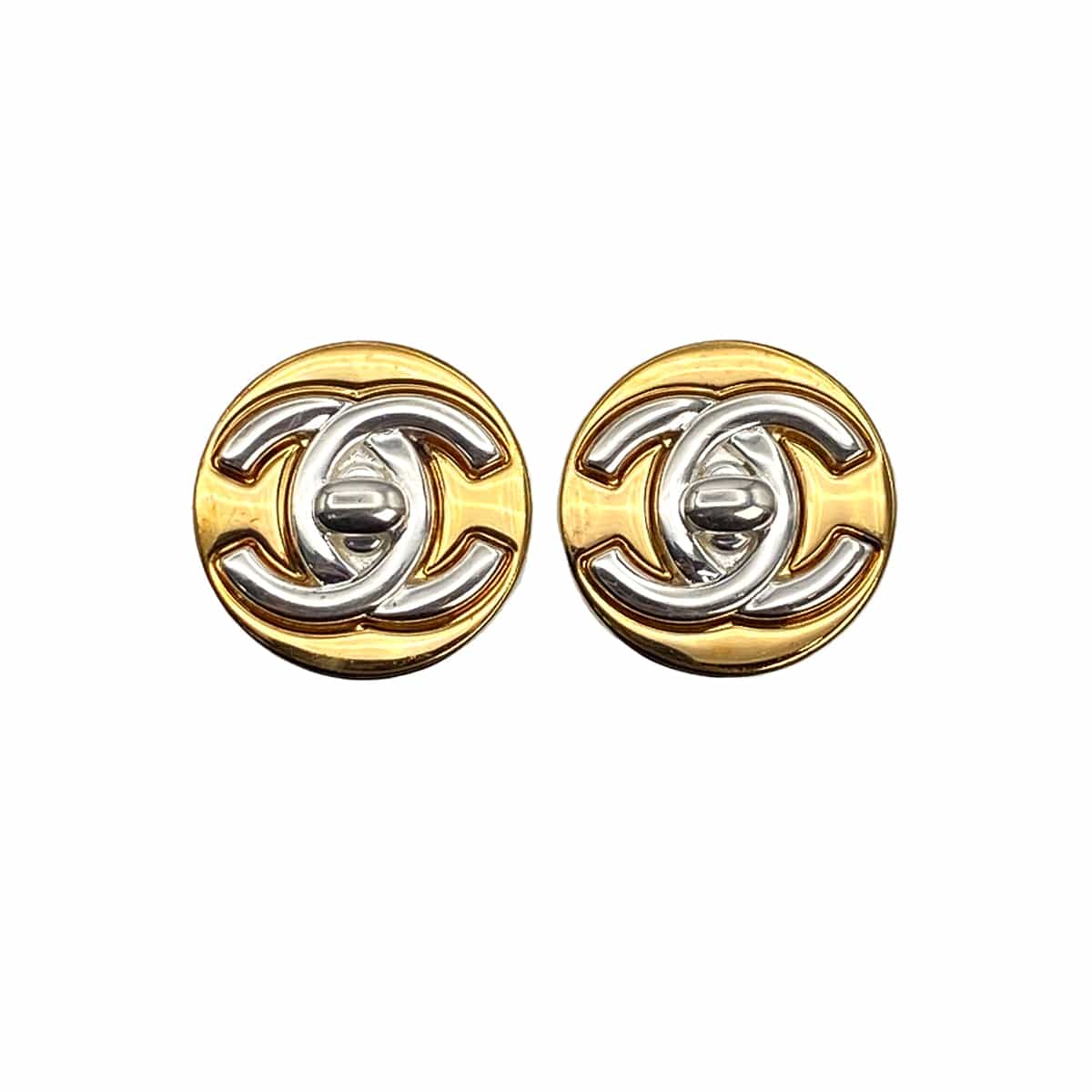 VINTAGE CHANEL EARRINGS TURN LOCK COCOMARK GOLD SILVER ACCESSORY 97A 90321126