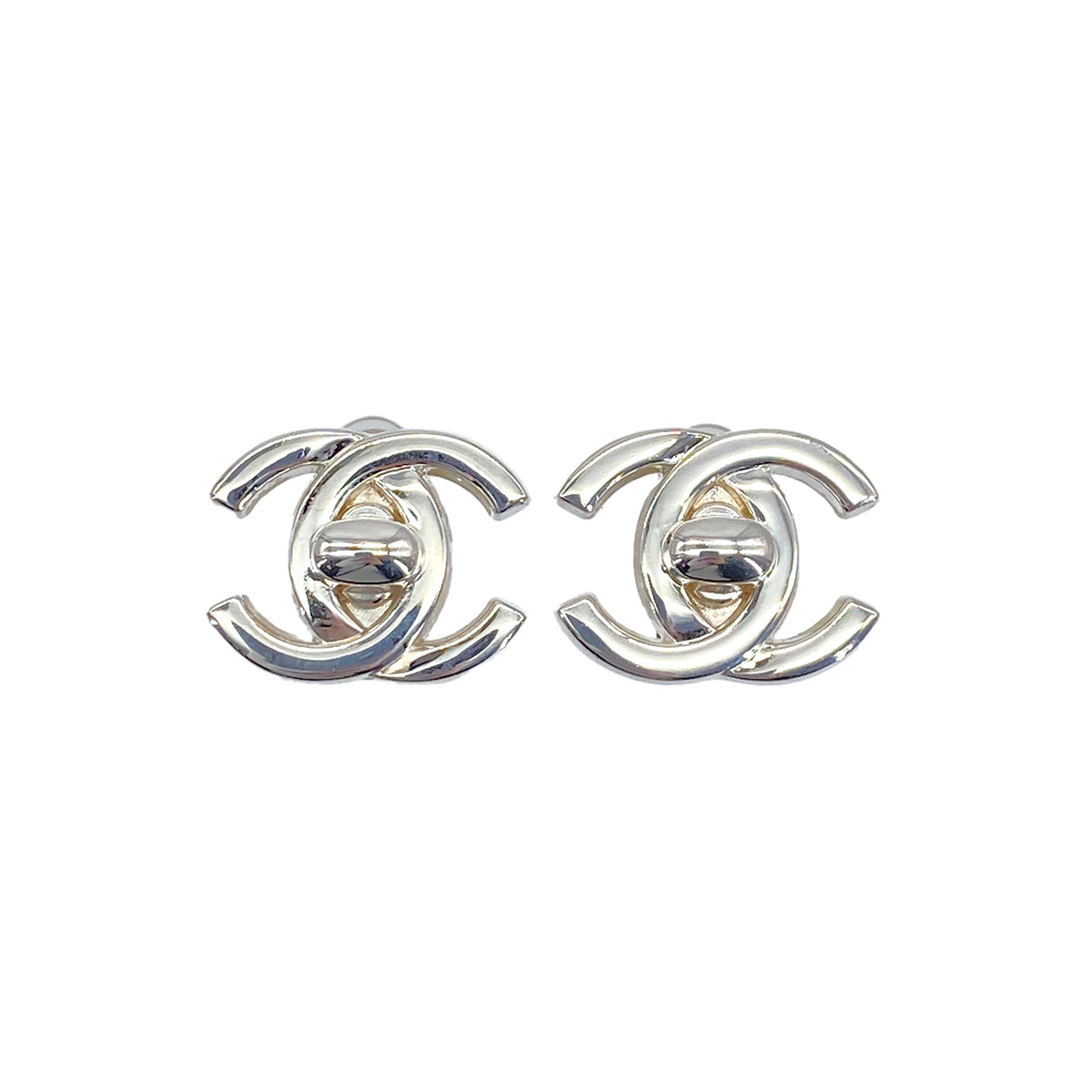 VINTAGE CHANEL EARRINGS TURN LOCK COCOMARK SILVER ACCESSORY 96P 90322036