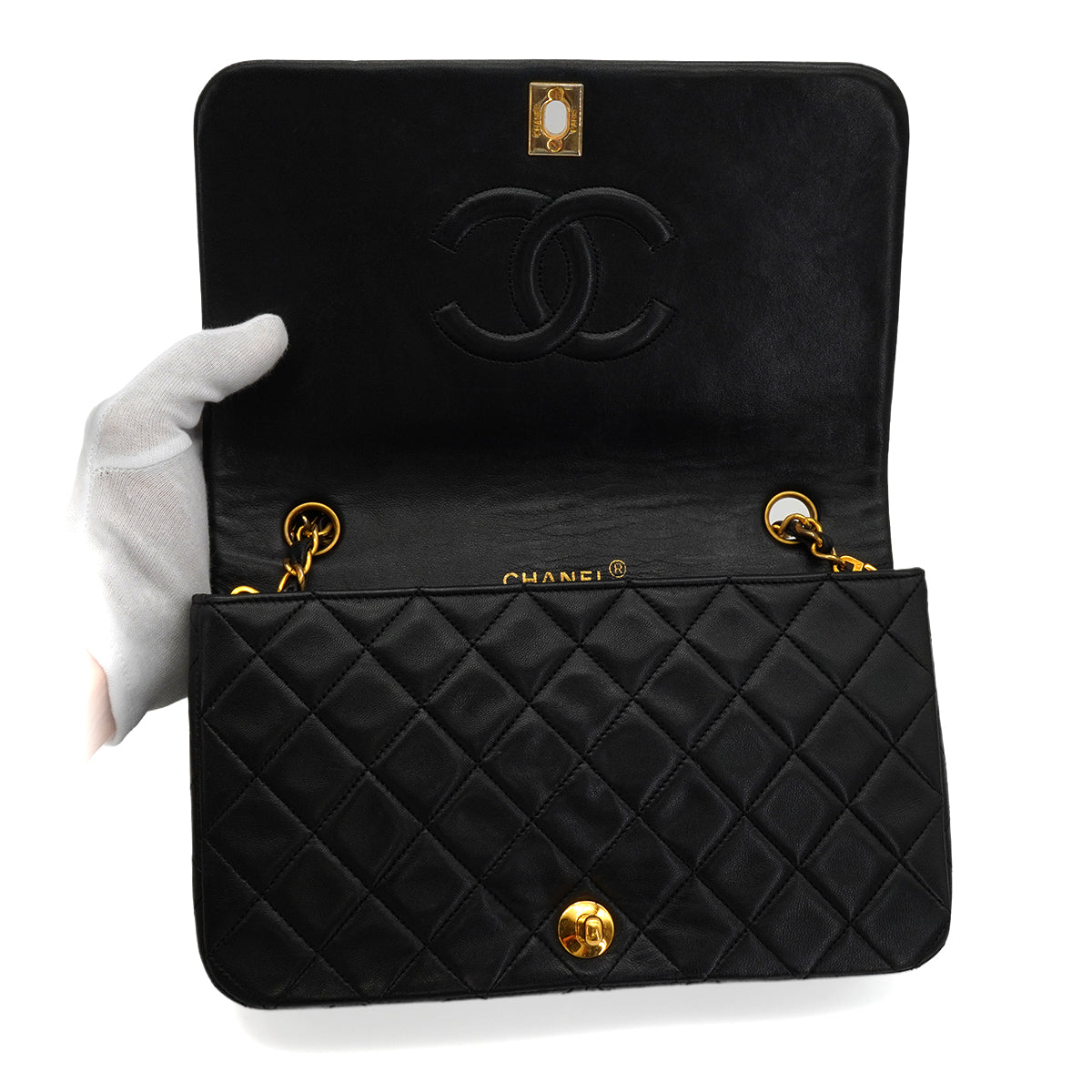 VINTAGE CHANEL FULL FLAP CHAIN SHUOLDER BAG BLACK LAMB SKIN GOLD HARDWARE 90346001