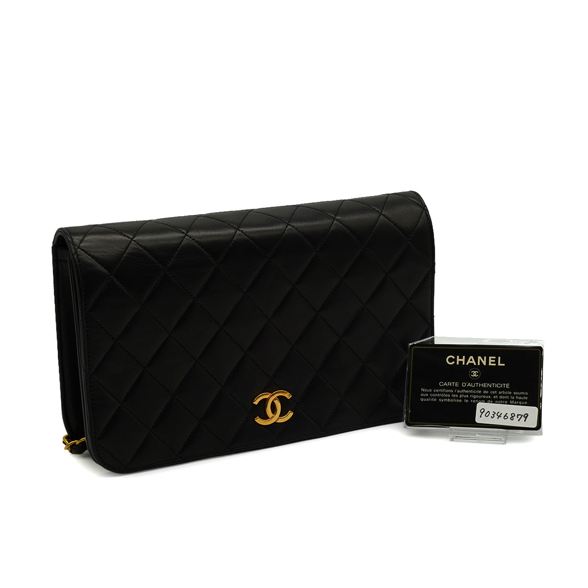 VINTAGE CHANEL MATELASSE FULL FLAP CHAIN SHUOLDER BAG BLACK LAMB SKIN GOLD HARDWARE 90346879