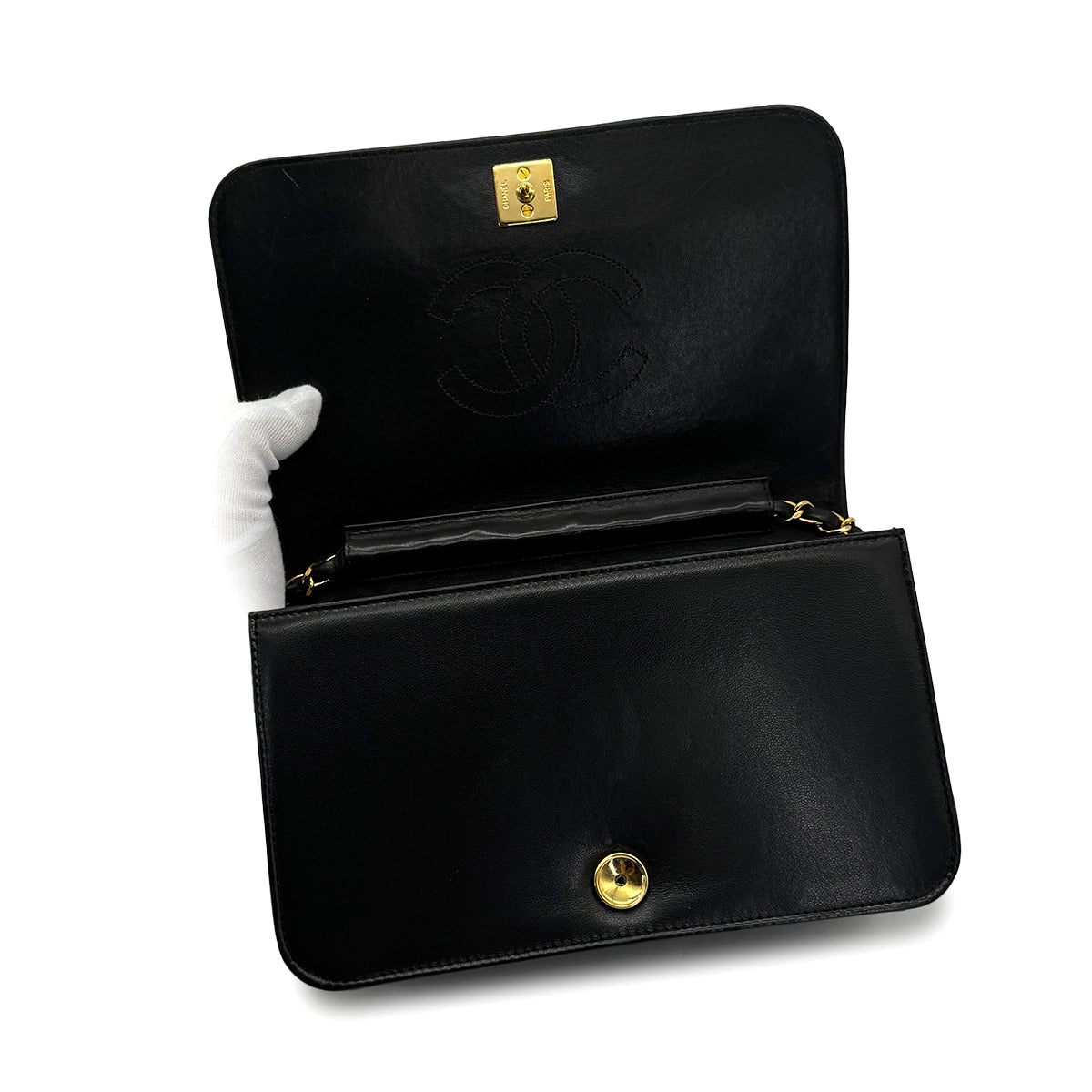 VINTAGE CHANEL FULL FLAP CHAIN SHUOLDER BAG BLACK LAMB SKIN GOLD HARDWARE 90319991