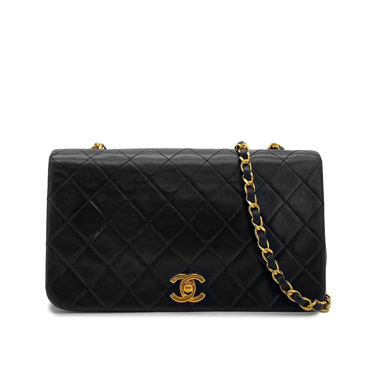 VINTAGE CHANEL FULL FLAP CHAIN SHUOLDER BAG BLACK LAMB SKIN GOLD HARDWARE 90324853