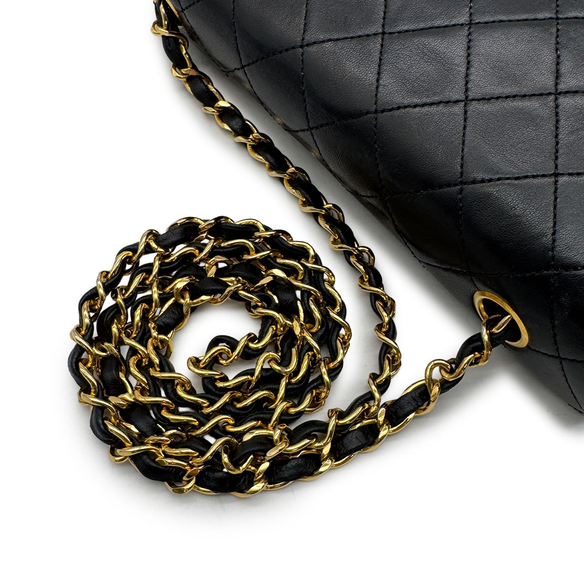 VINTAGE CHANEL FULL FLAP CHAIN SHUOLDER BAG BLACK LAMB SKIN GOLD HARDWARE 90324853