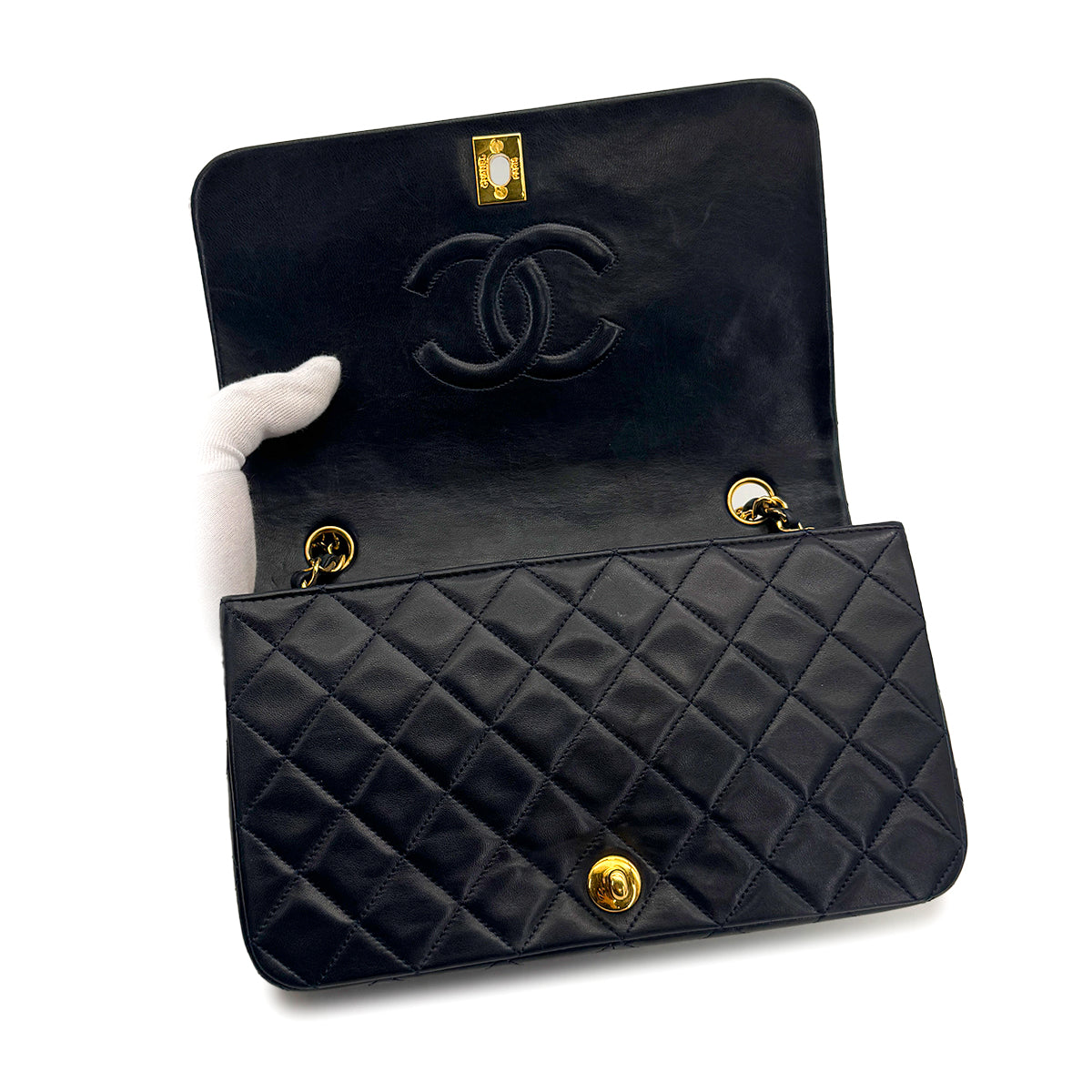 VINTAGE CHANEL FULL FLAP CHAIN SHUOLDER BAG NAVY LAMB SKIN GOLD HARDWARE 90319590