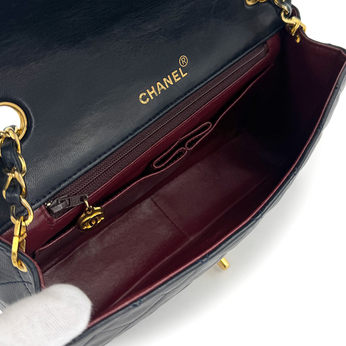 VINTAGE CHANEL FULL FLAP CHAIN SHUOLDER BAG NAVY LAMB SKIN GOLD HARDWARE 90319590