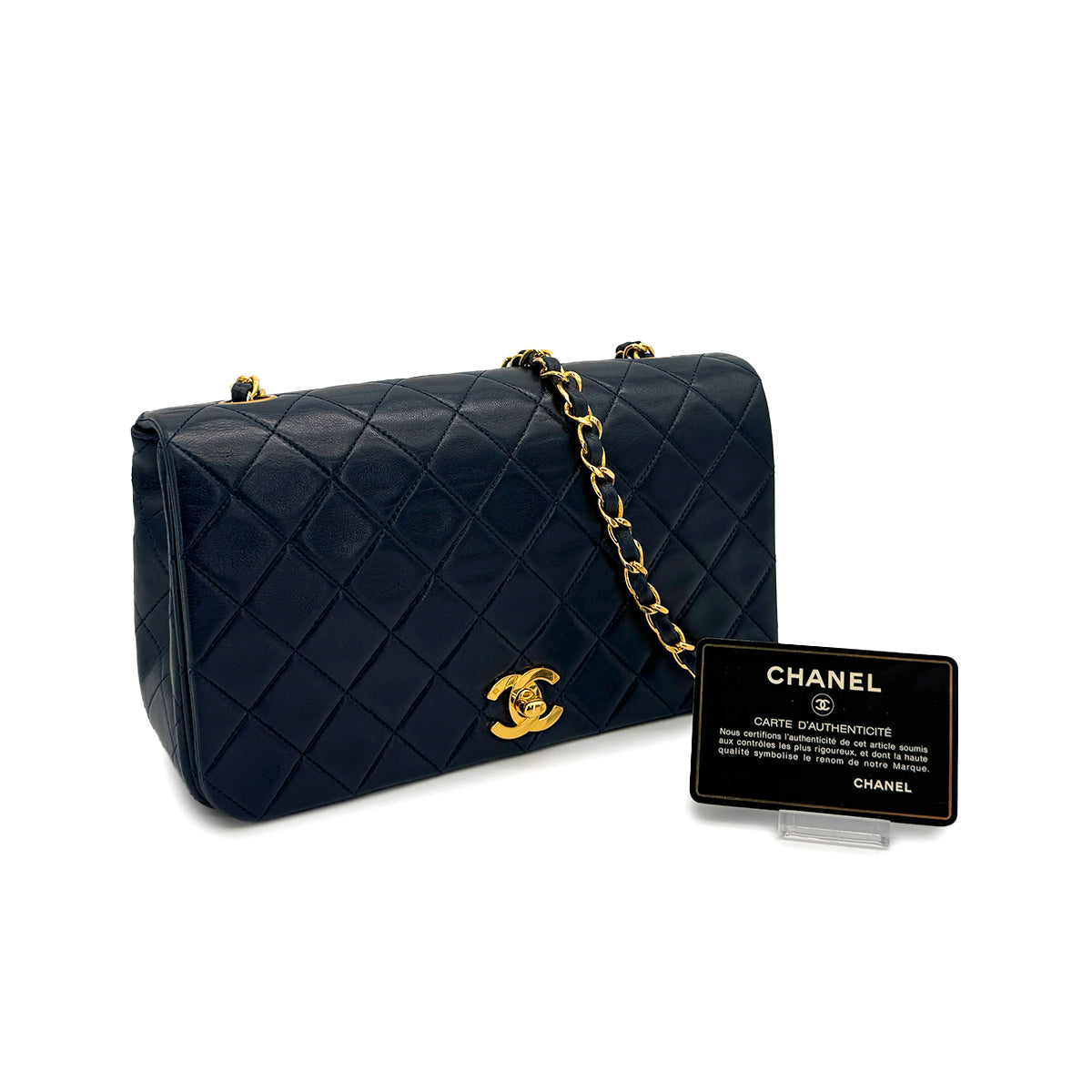 VINTAGE CHANEL FULL FLAP CHAIN SHUOLDER BAG NAVY LAMB SKIN GOLD HARDWARE 90319590