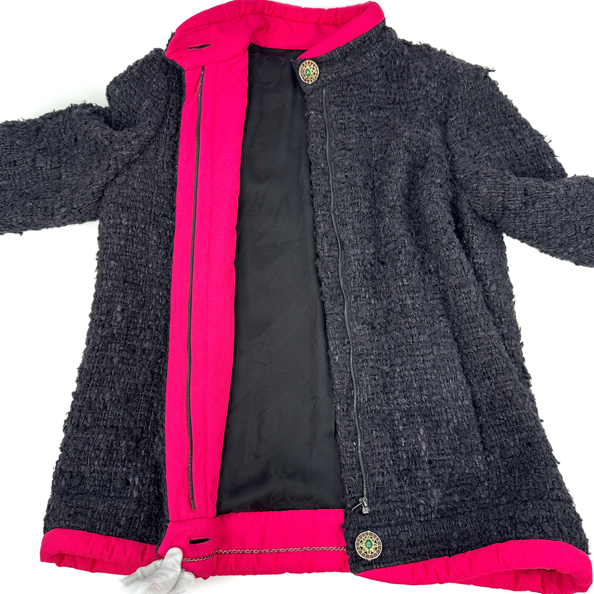VINTAGE CHANEL GRIPOA COCO BUTTON PIPING TWEED JACKET PINK NAVY SILK 42 P43 RTW 90317787
