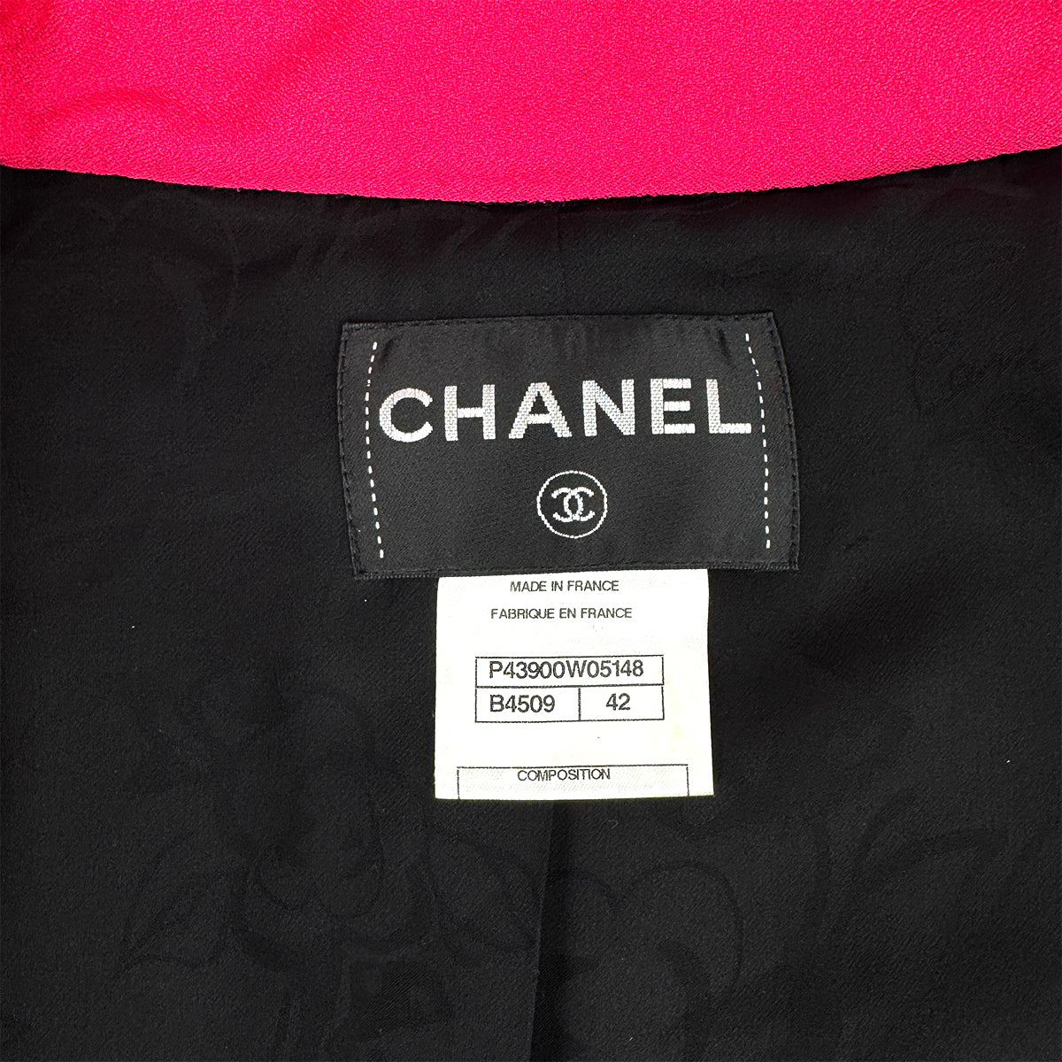 VINTAGE CHANEL GRIPOA COCO BUTTON PIPING TWEED JACKET PINK NAVY SILK 42 P43 RTW 90317787