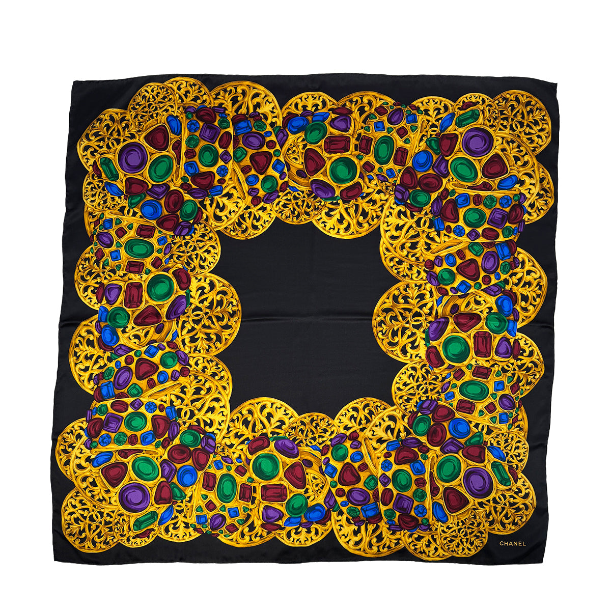 VINTAGE CHANEL GRIPOIX JEWELRY PATTERN SCARF MULTICOLOR SILK 90318648