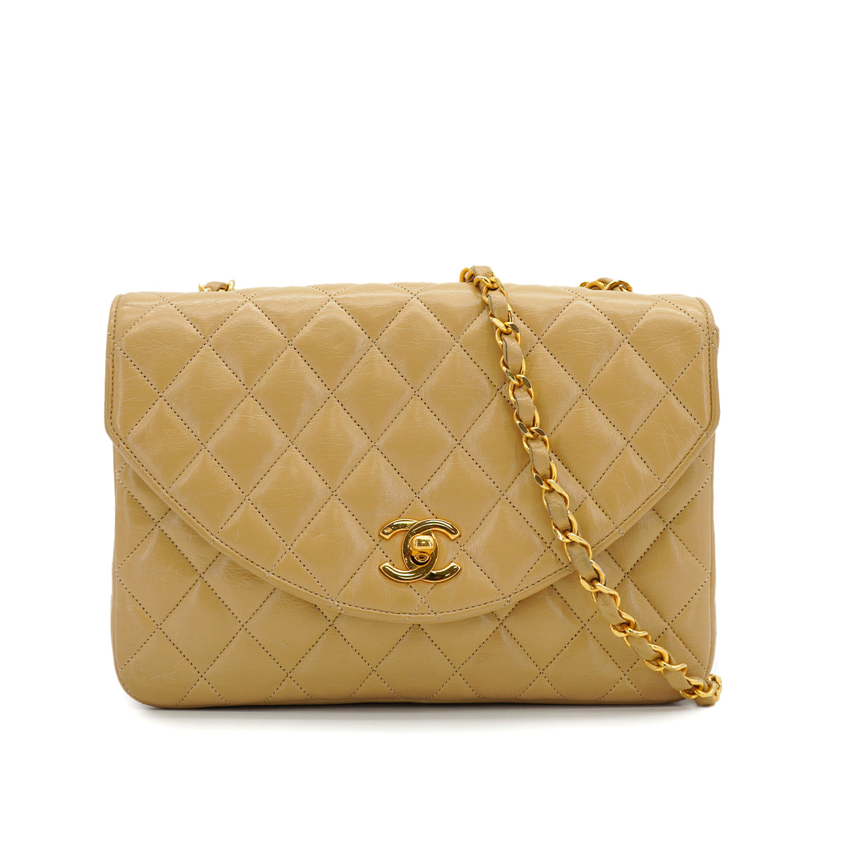VINTAGE CHANEL HALF MOON CHAIN SHOULDER BAG BEIGE LAMB SKIN GOLD HARDWARE 90317895