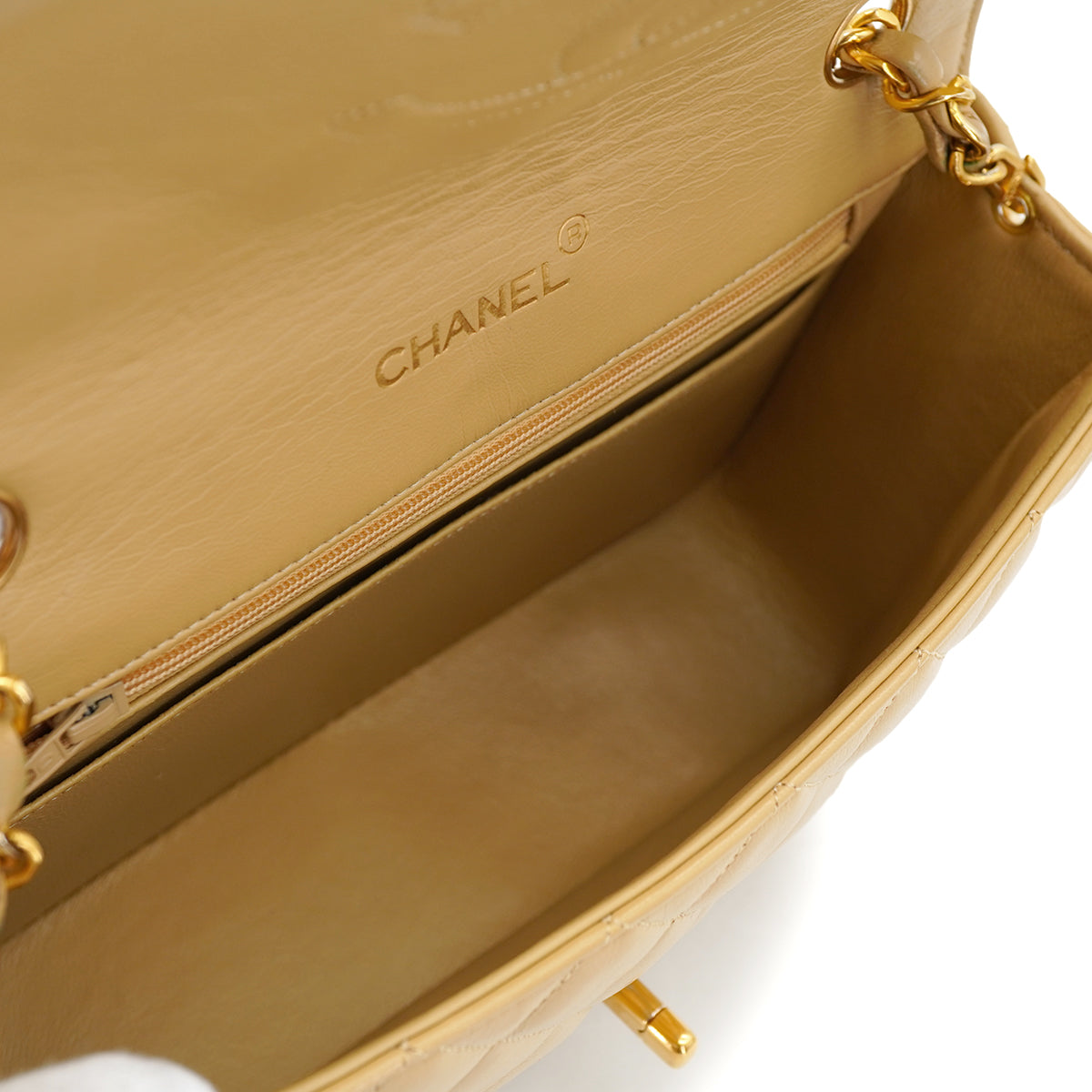 VINTAGE CHANEL HALF MOON CHAIN SHOULDER BAG BEIGE LAMB SKIN GOLD HARDWARE 90317895