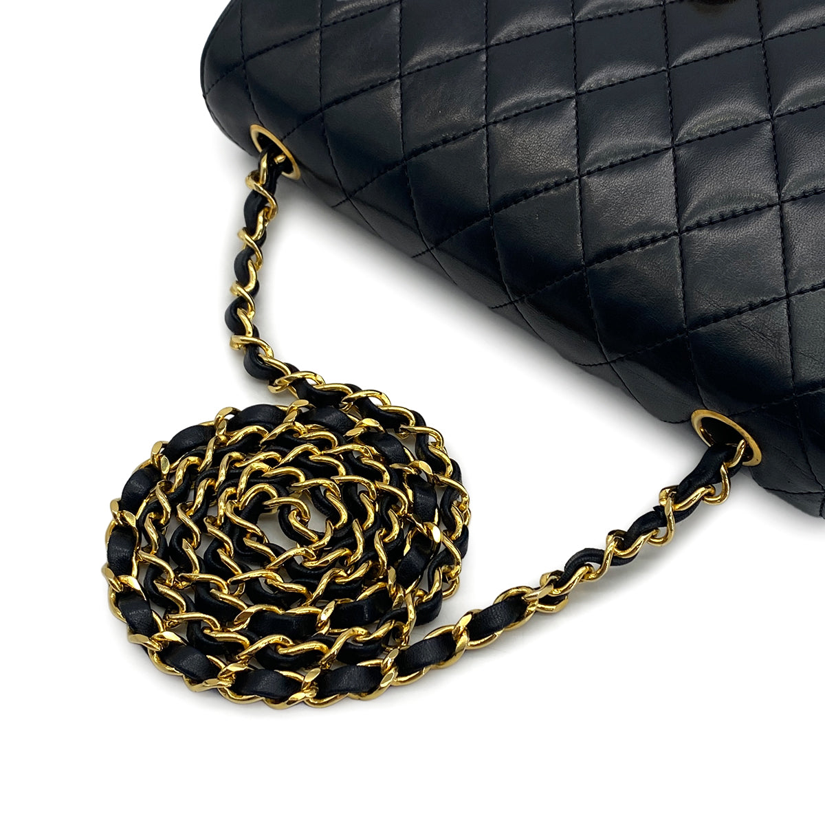 VINTAGE CHANEL HALF MOON CHAIN SHOULDER BAG BLACK LAMB SKIN GOLD HARDWARE 90317923