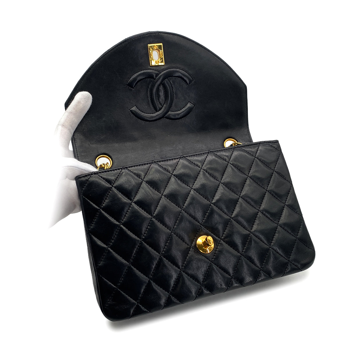 VINTAGE CHANEL HALF MOON CHAIN SHOULDER BAG BLACK LAMB SKIN GOLD HARDWARE 90317923