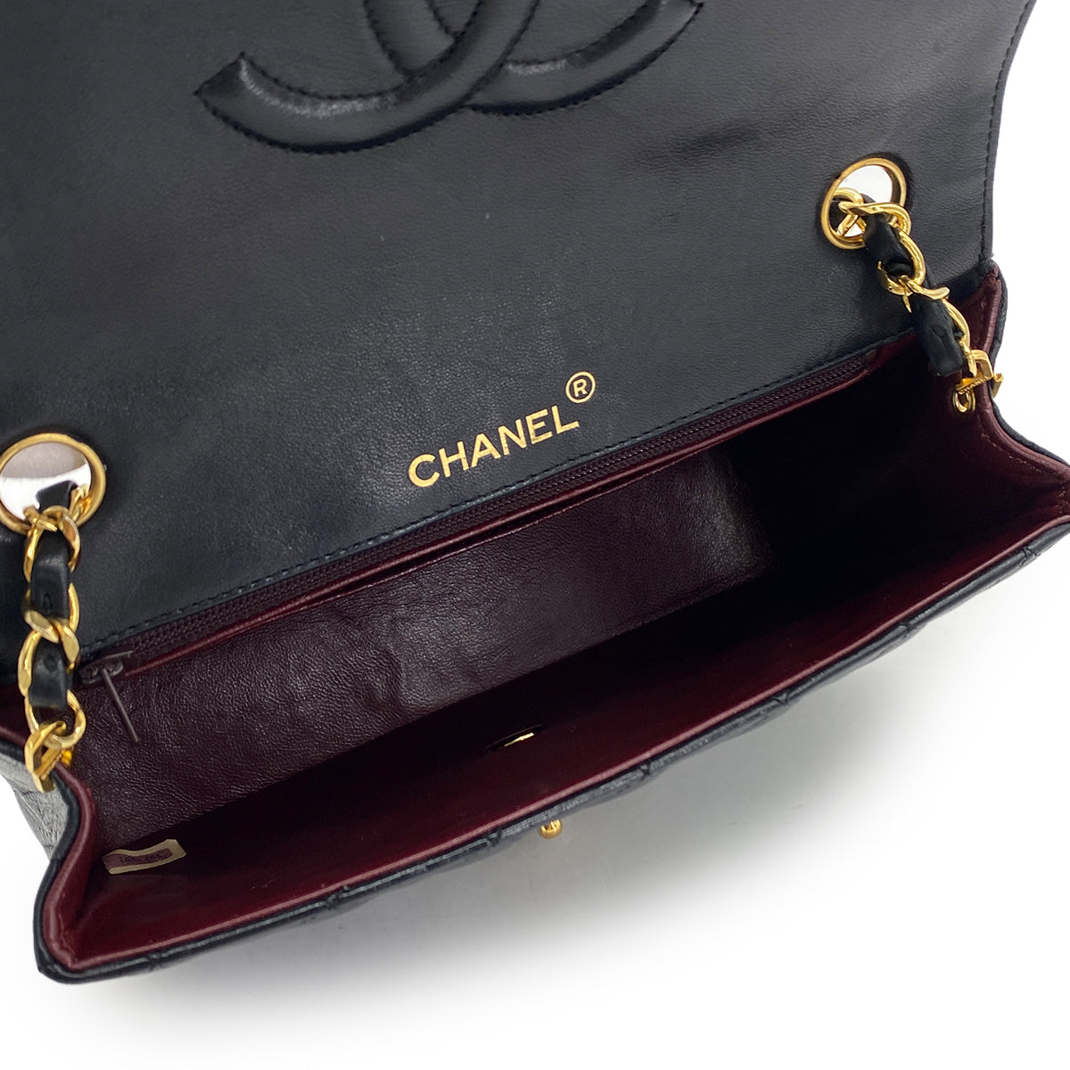 VINTAGE CHANEL HALF MOON CHAIN SHOULDER BAG BLACK LAMB SKIN GOLD HARDWARE 90317923