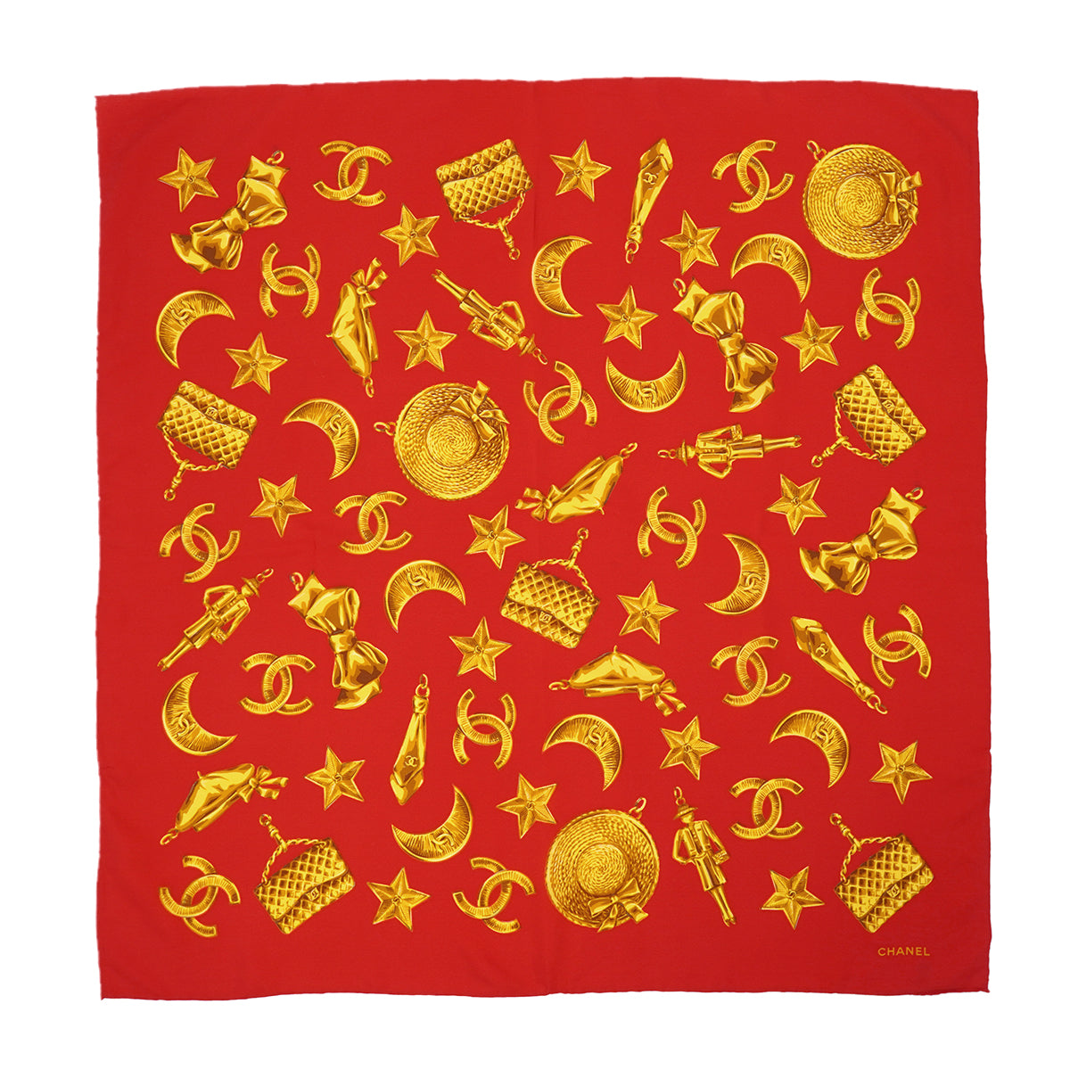 VINTAGE CHANEL ICON PATTERN SCARF RED SILK 90328029