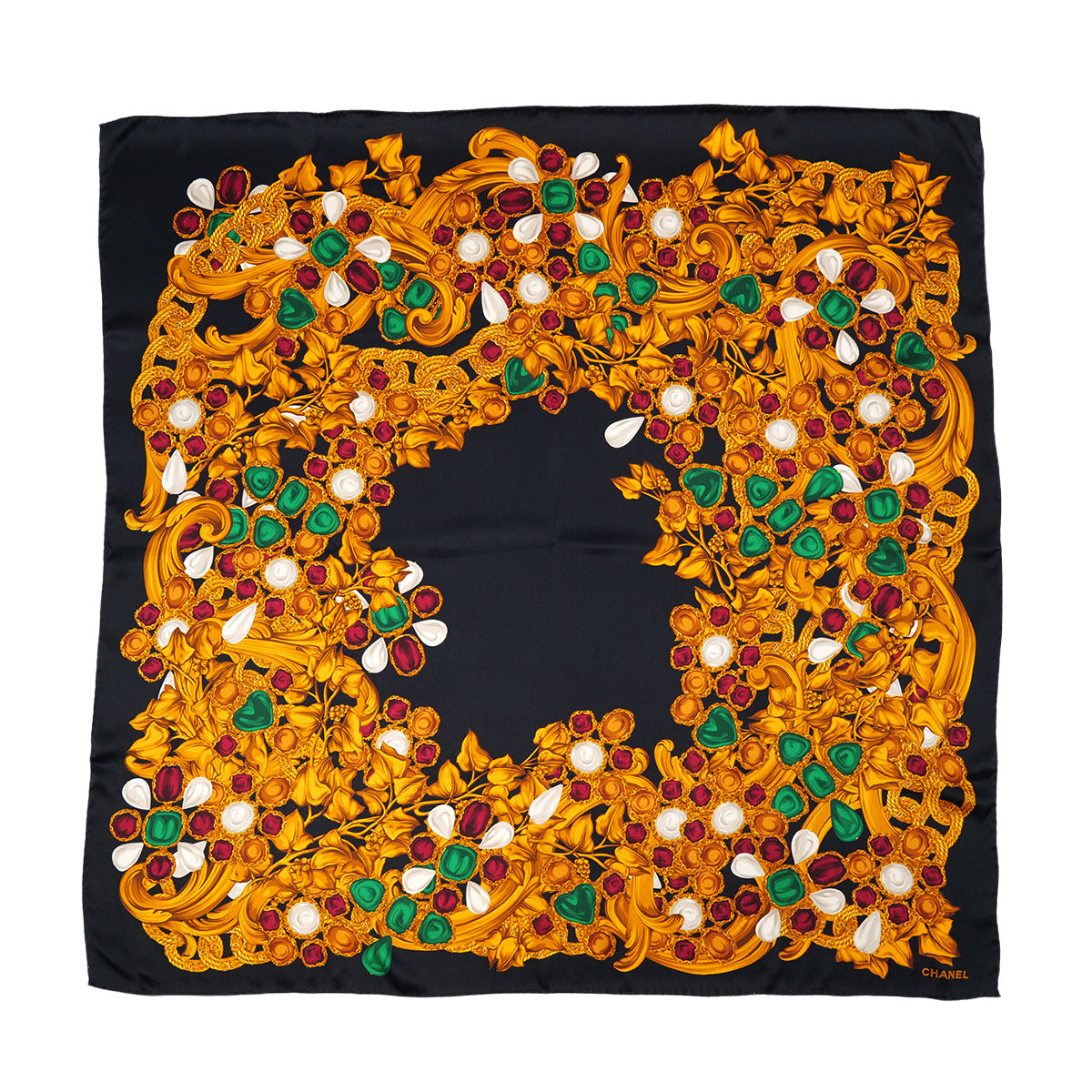 VINTAGE CHANEL JEWELRY PATTERN SCARF BLACK MULTICOLOR SILK 90319722