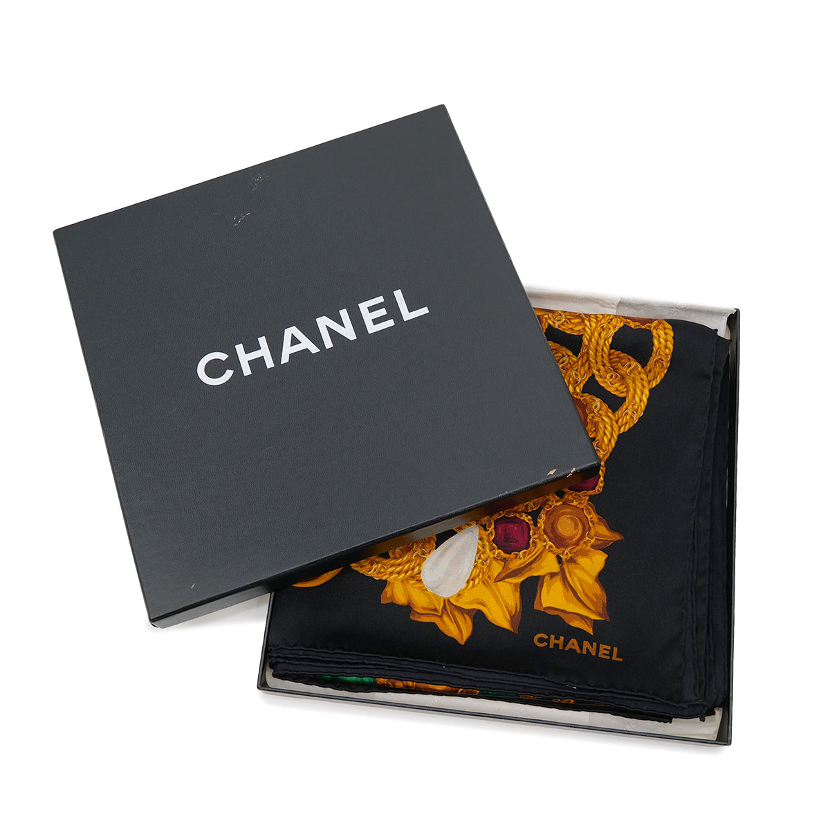 VINTAGE CHANEL JEWELRY PATTERN SCARF BLACK MULTICOLOR SILK 90319722