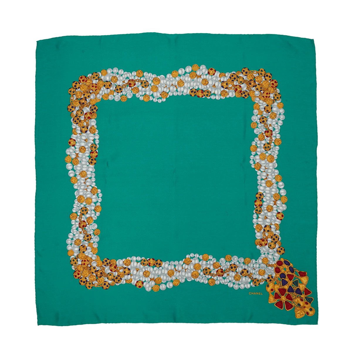 VINTAGE CHANEL JEWELRY PATTERN SCARF GREEN SILK 90330678