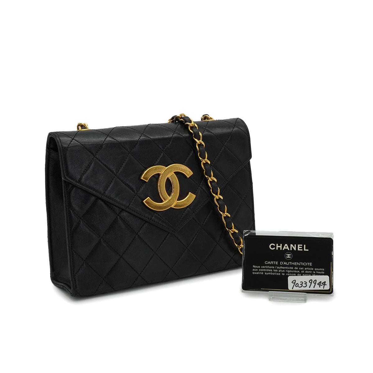 VINTAGE CHANEL LETTER FLAP MATELASSE BIG COCO CHAIN SHOULDER BAG BLACK LAMB SKIN GOLD HARDWARE 90339944