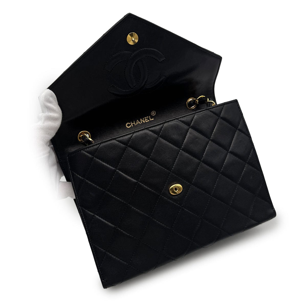 VINTAGE CHANEL LETTER FLAP MATELASSE BIG COCO CHAIN SHOULDER BAG BLACK LAMB SKIN GOLD HARDWARE 90317874